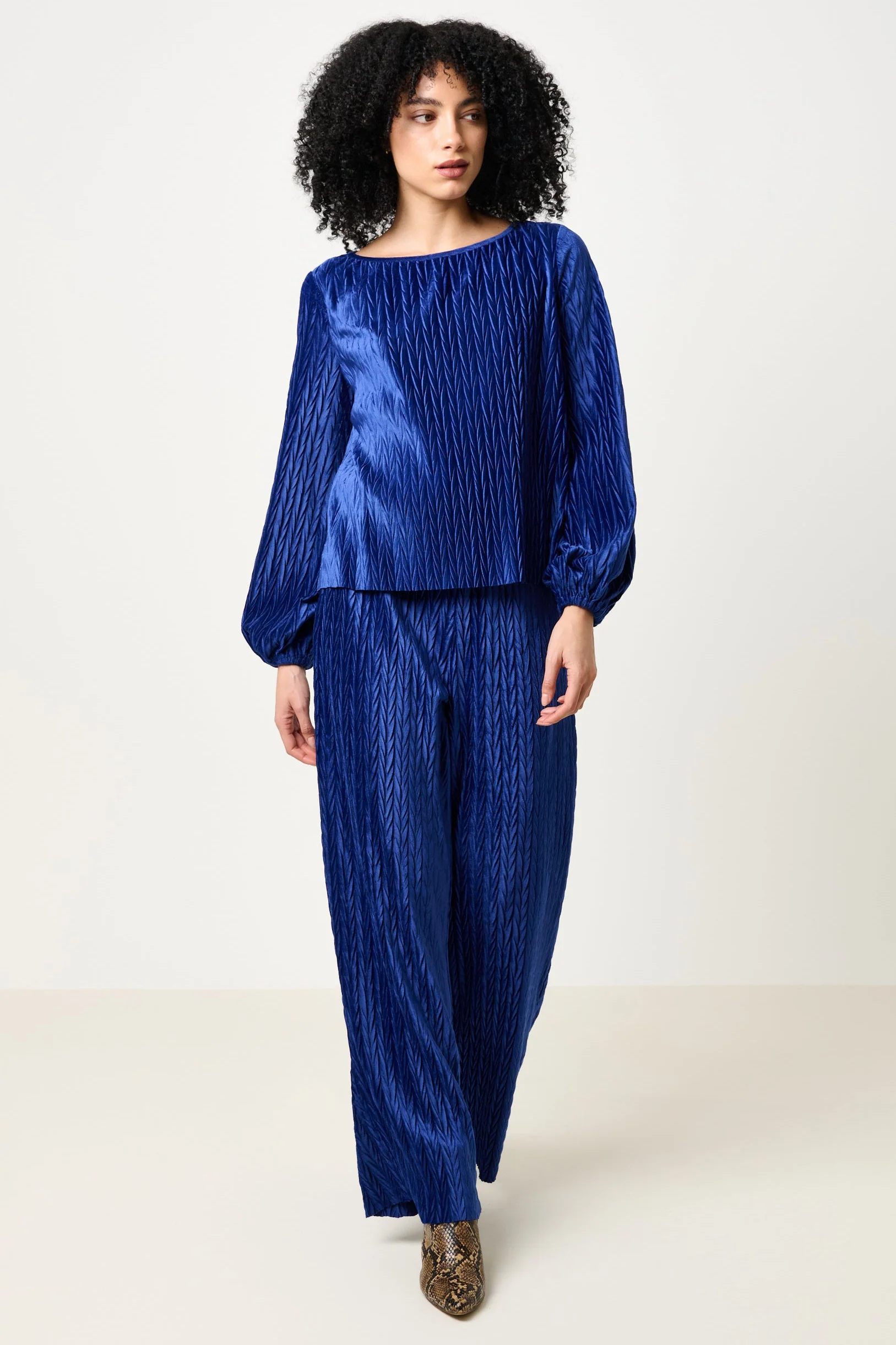 Aba Velvet Pleat Long Sleeve Top - Cobalt - Image 4