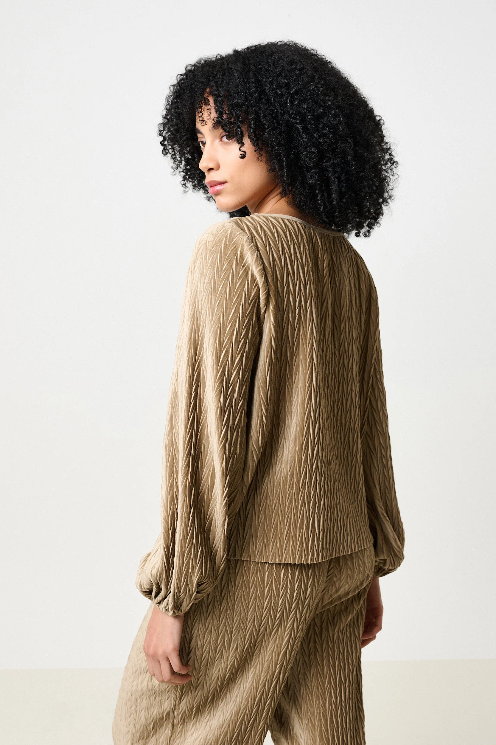 Aba Velvet Pleat Long Sleeve Top - Pale Taupe - Image 2