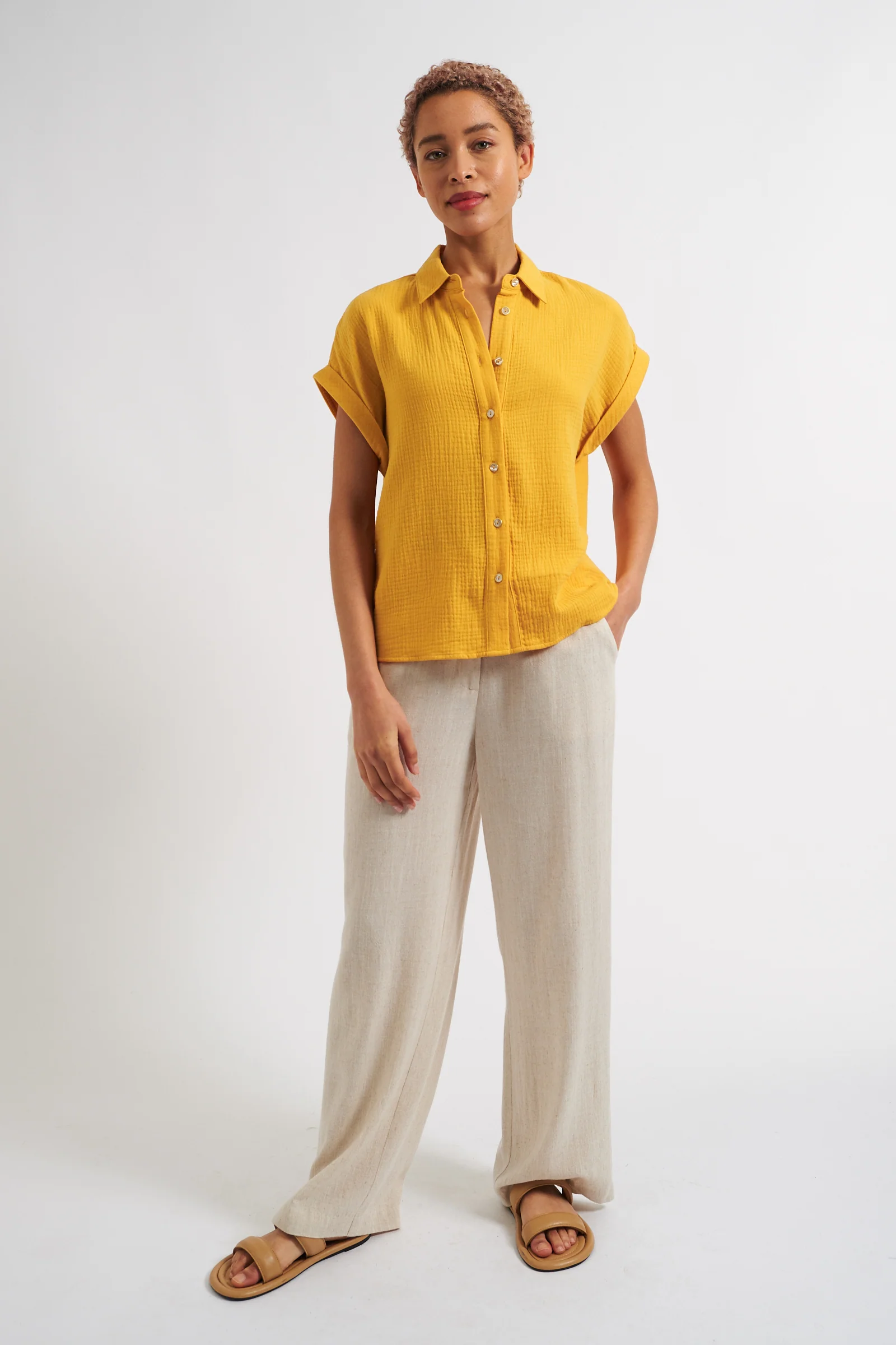 Abinaya Mustard Double Gauze Short Sleeved Shirt - Image 4