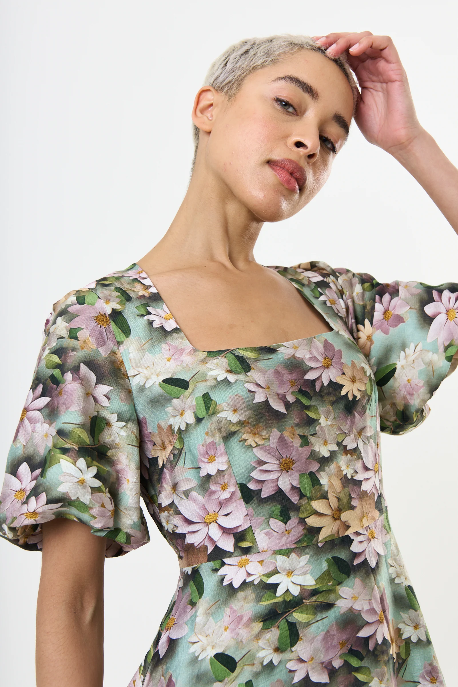 Agata 3D Daisy Print Mini Dress - Green - Image 4