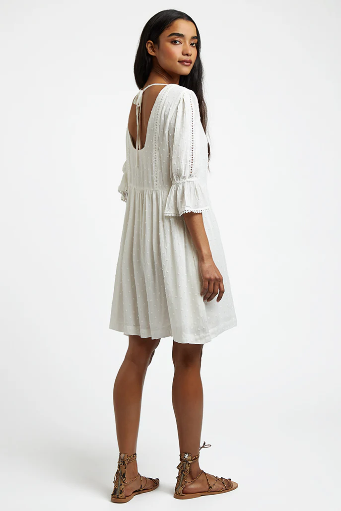 Amarine Self Dot Square Back 3/4 Sleeve Mini Dress - White - Image 2