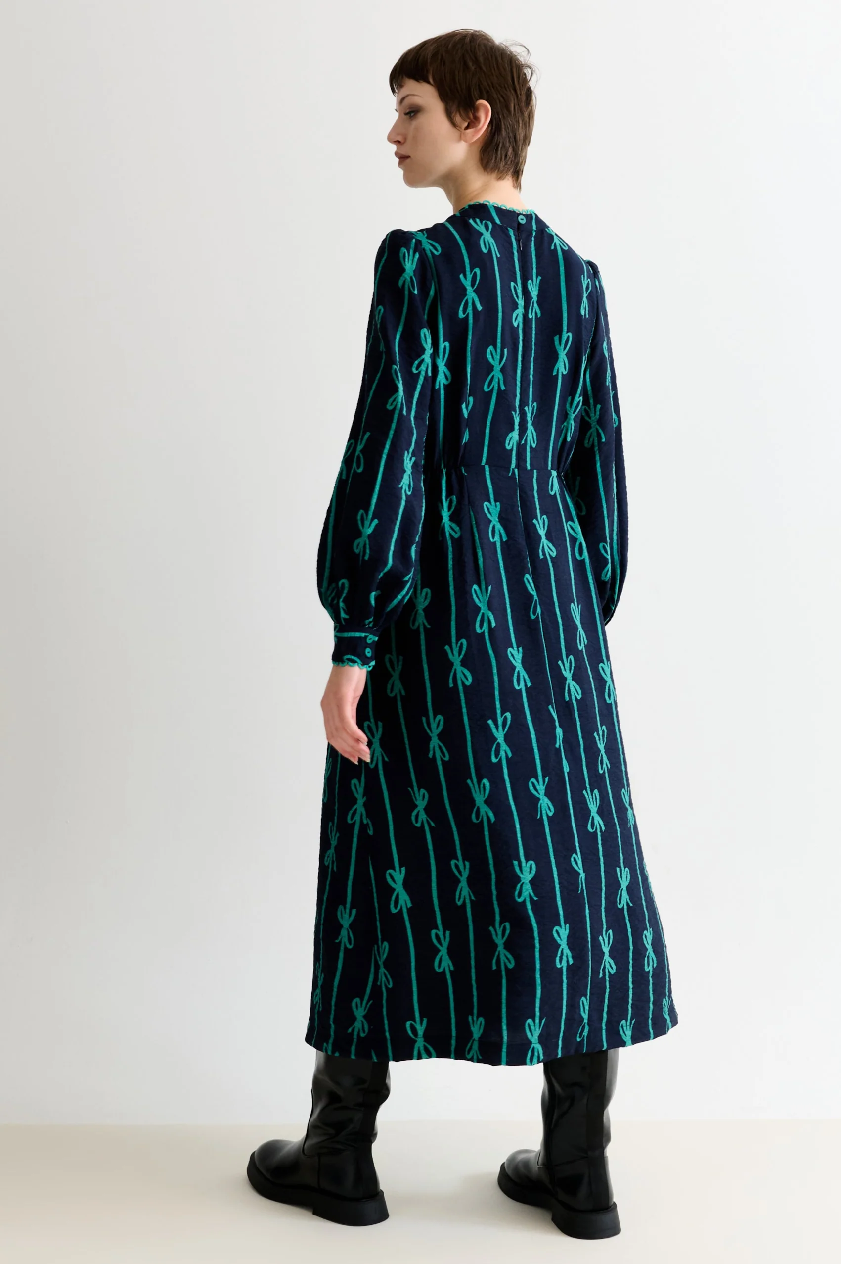 Avon Tie Up High Neck Long Sleeve Midi Dress – Navy - Image 3