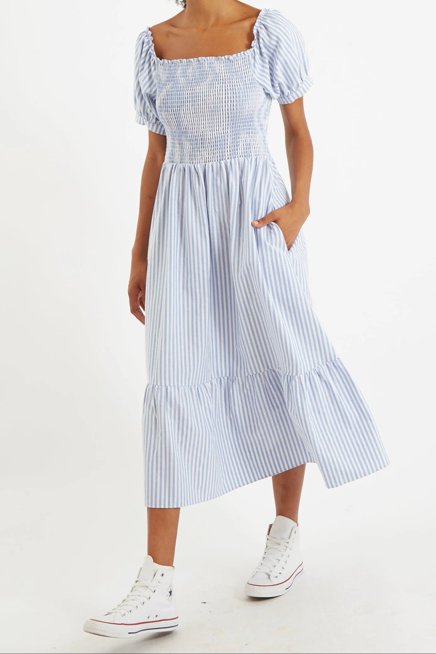 Babette Sail Stripe Shirred Bodice Midi Dress Blue - Image 3