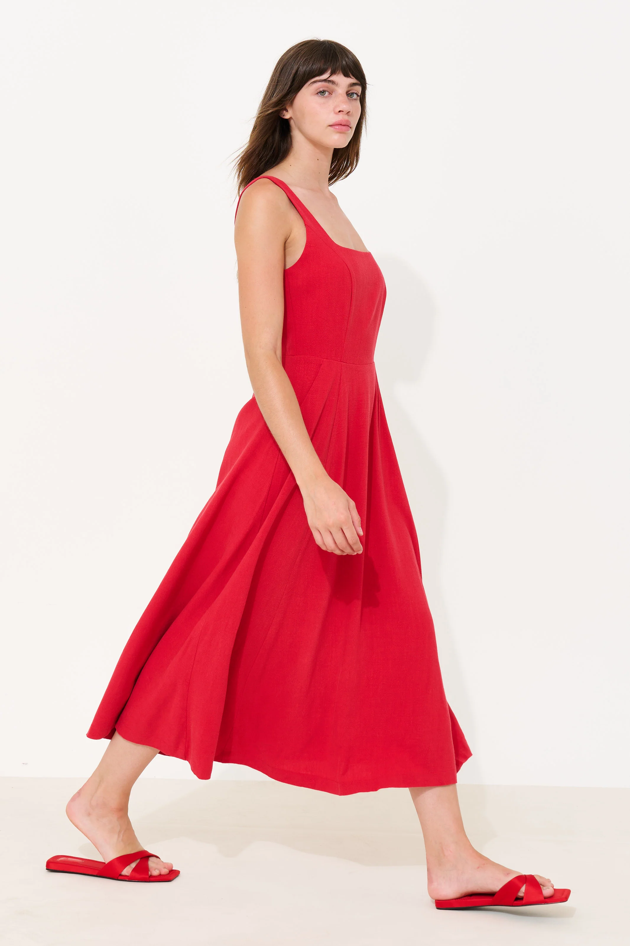Baya Linen Mix Square Neck Midi Dress - Red - Image 3
