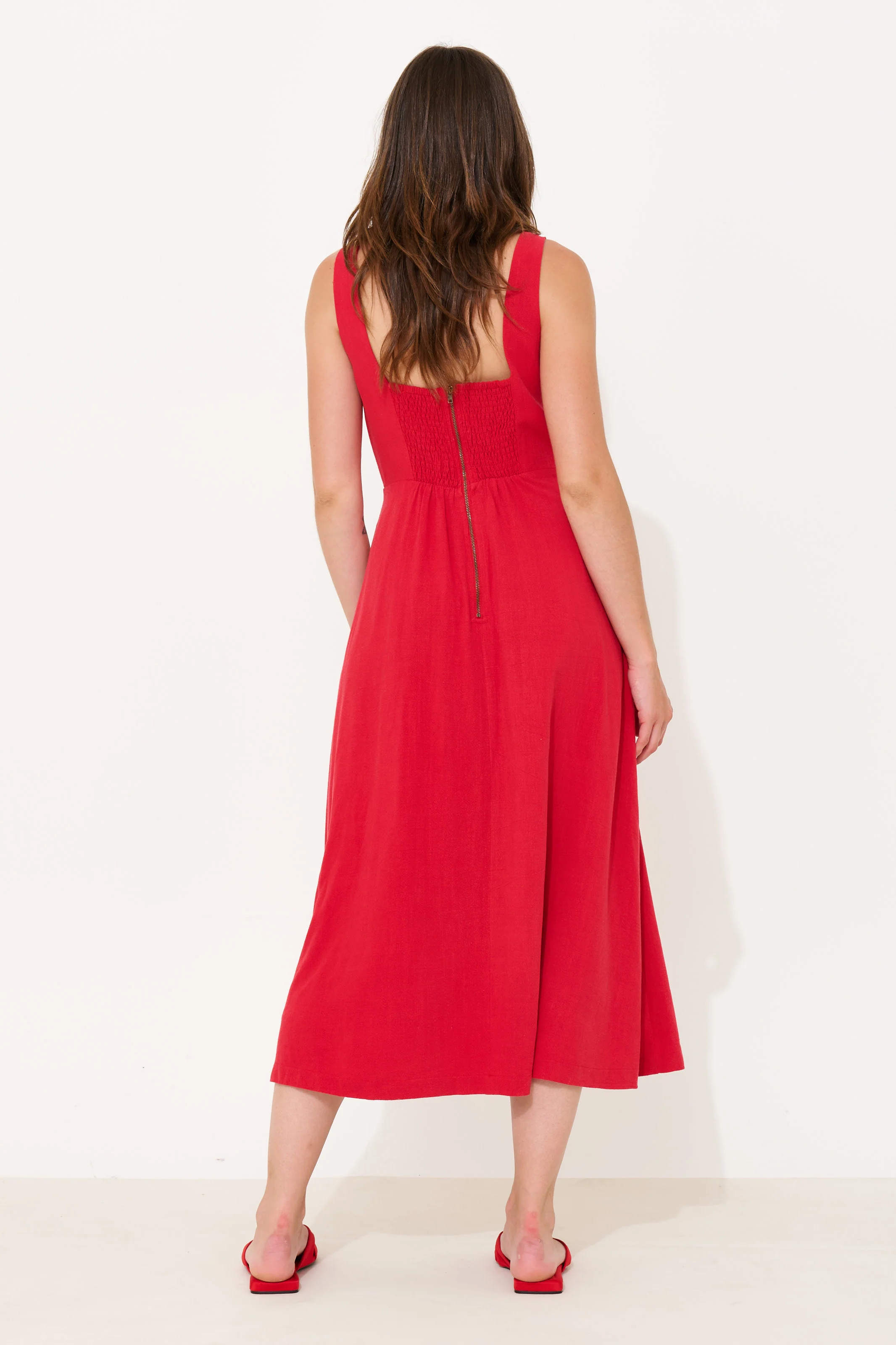 Baya Linen Mix Square Neck Midi Dress - Red - Image 4