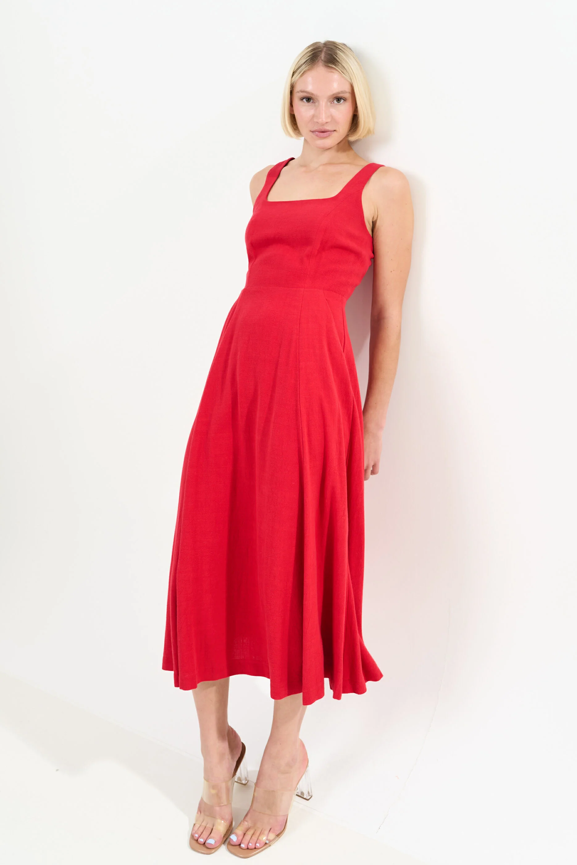 Baya Linen Mix Square Neck Midi Dress - Red - Image 7
