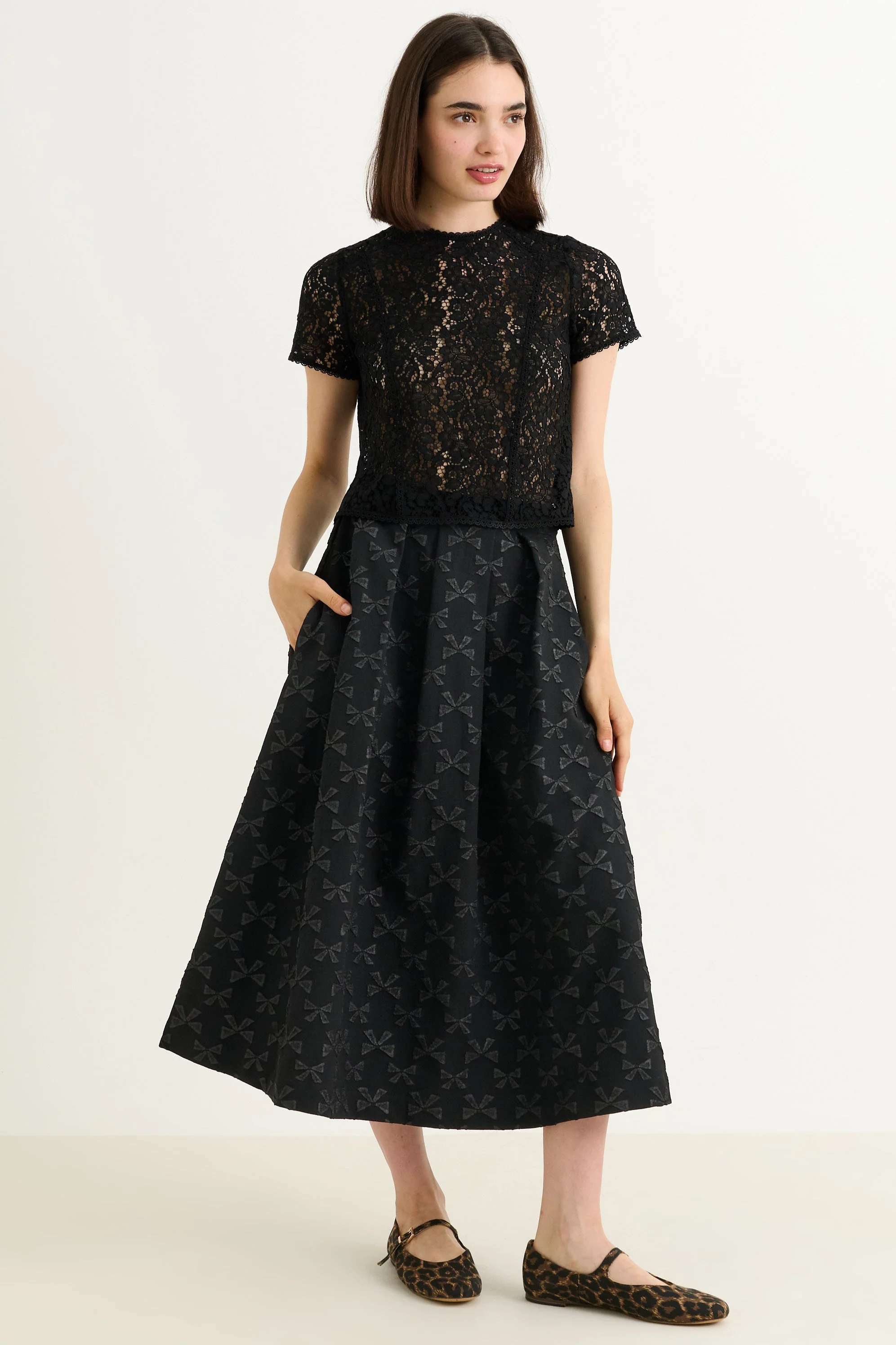 Belita Bow Jacquard Black Midi Skirt - Image 2