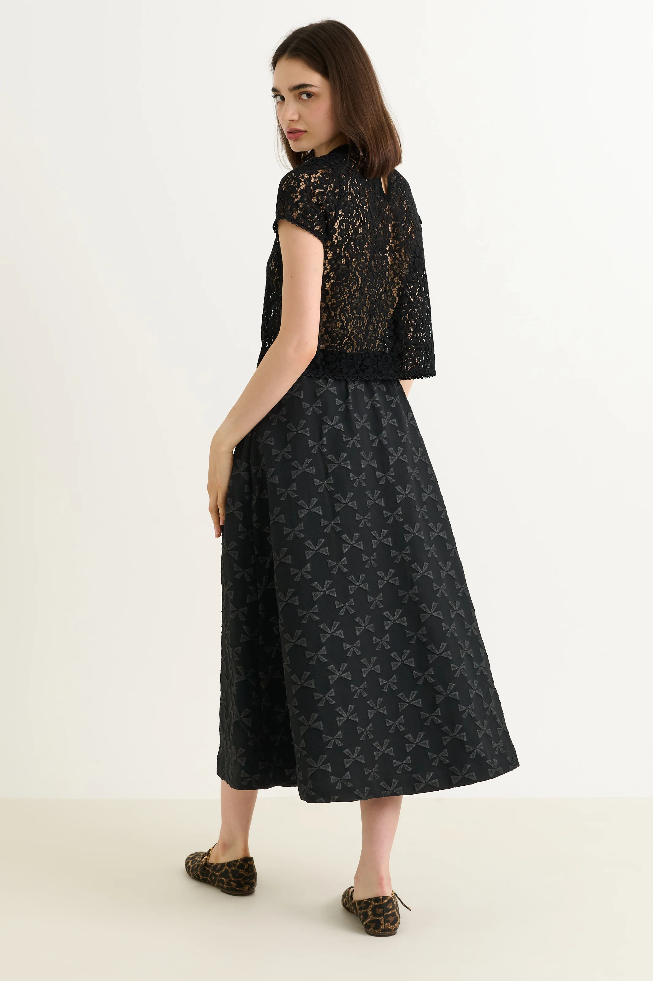 Belita Bow Jacquard Black Midi Skirt - Image 3