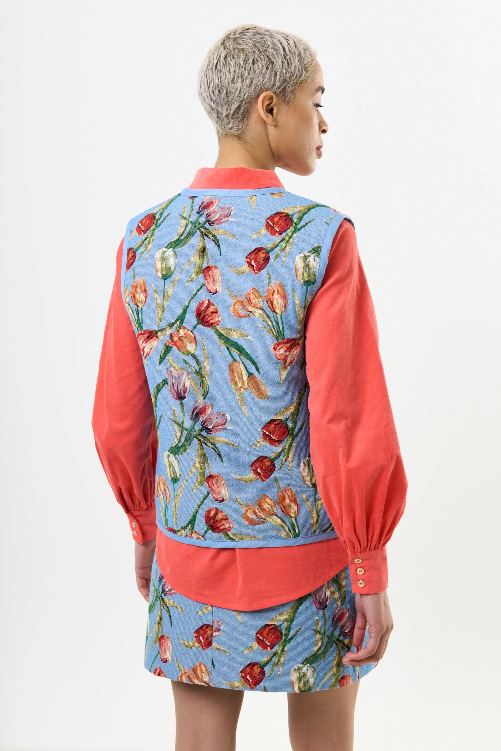 Claude Tulip Jacquard Tie Front Waistcoat - Blue - Image 2