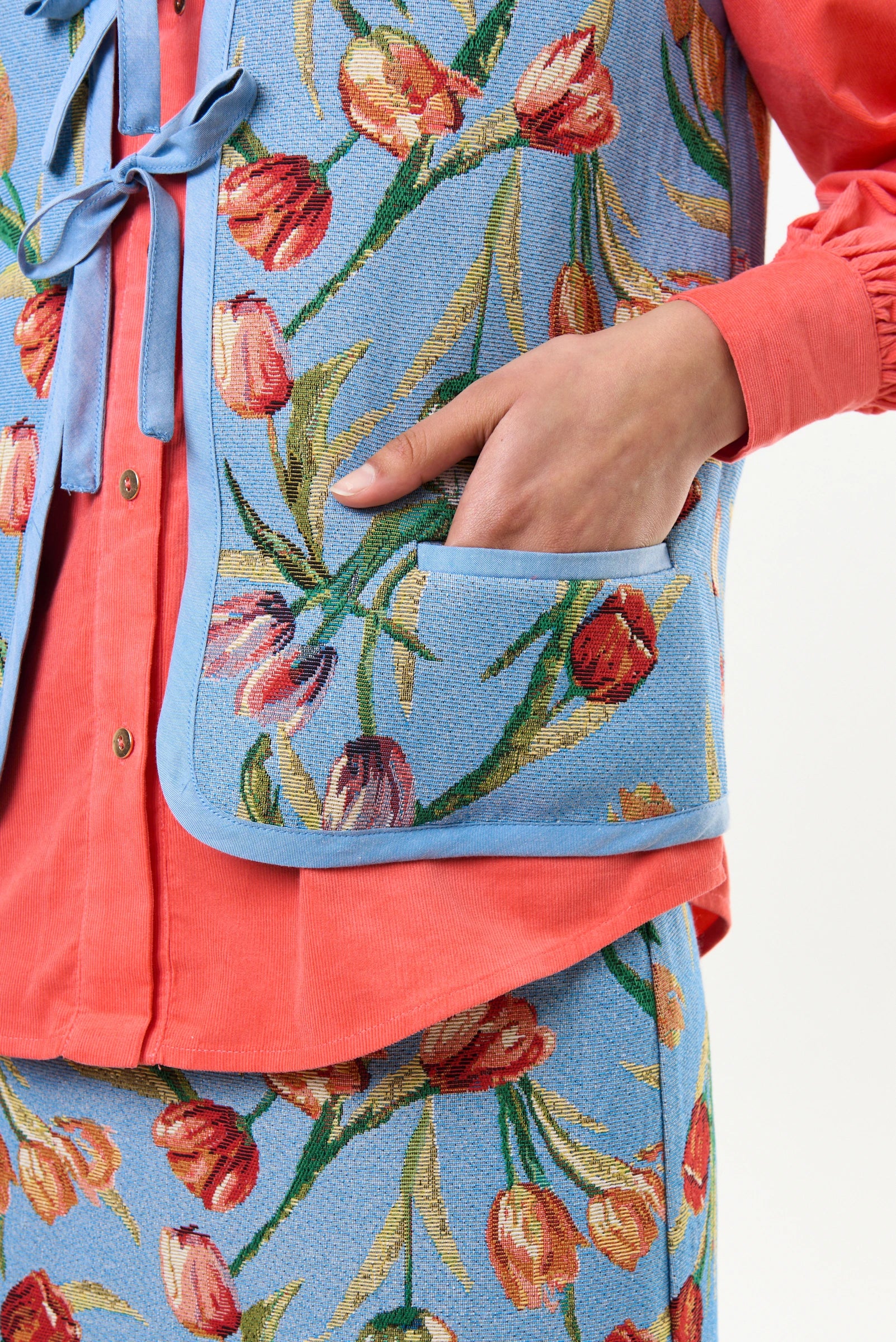 Claude Tulip Jacquard Tie Front Waistcoat - Blue - Image 4