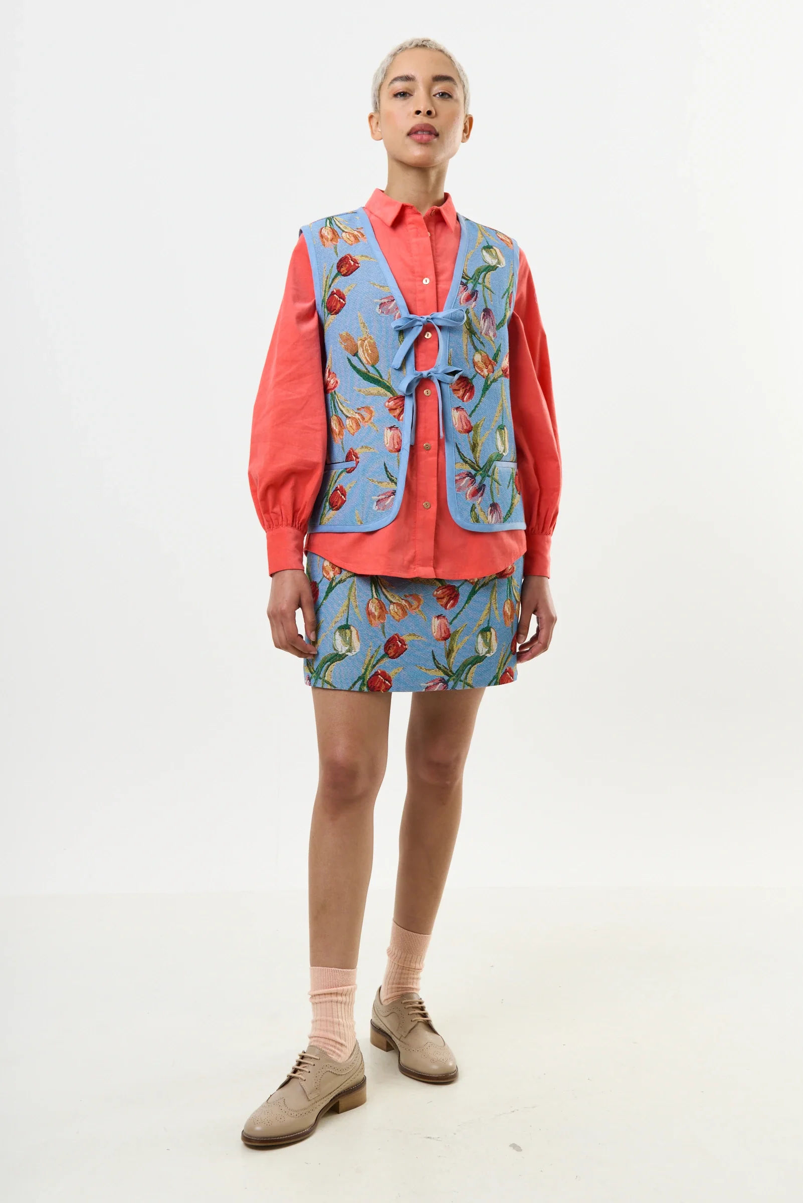 Claude Tulip Jacquard Tie Front Waistcoat - Blue - Image 5