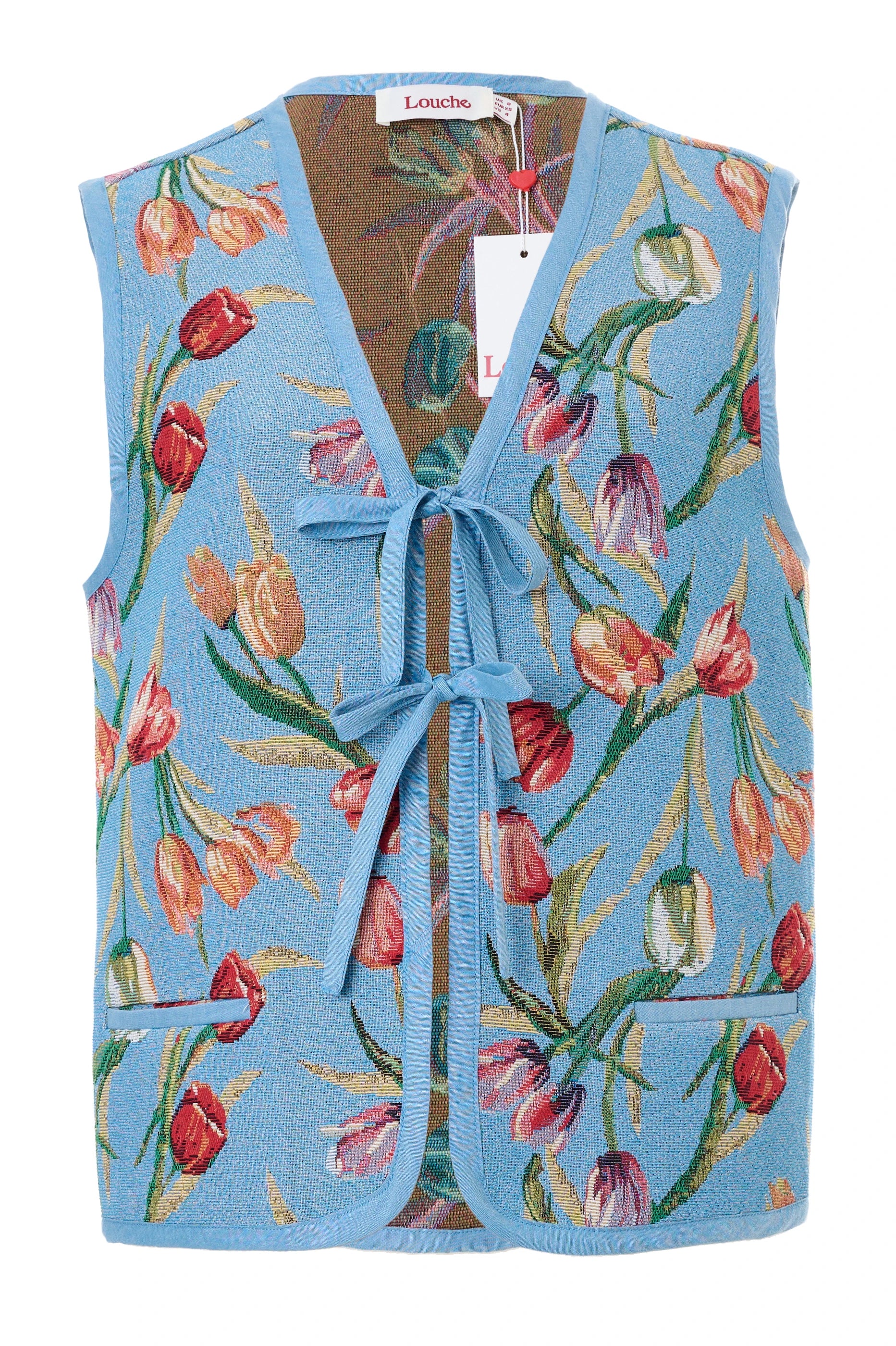 Claude Tulip Jacquard Tie Front Waistcoat - Blue - Image 6