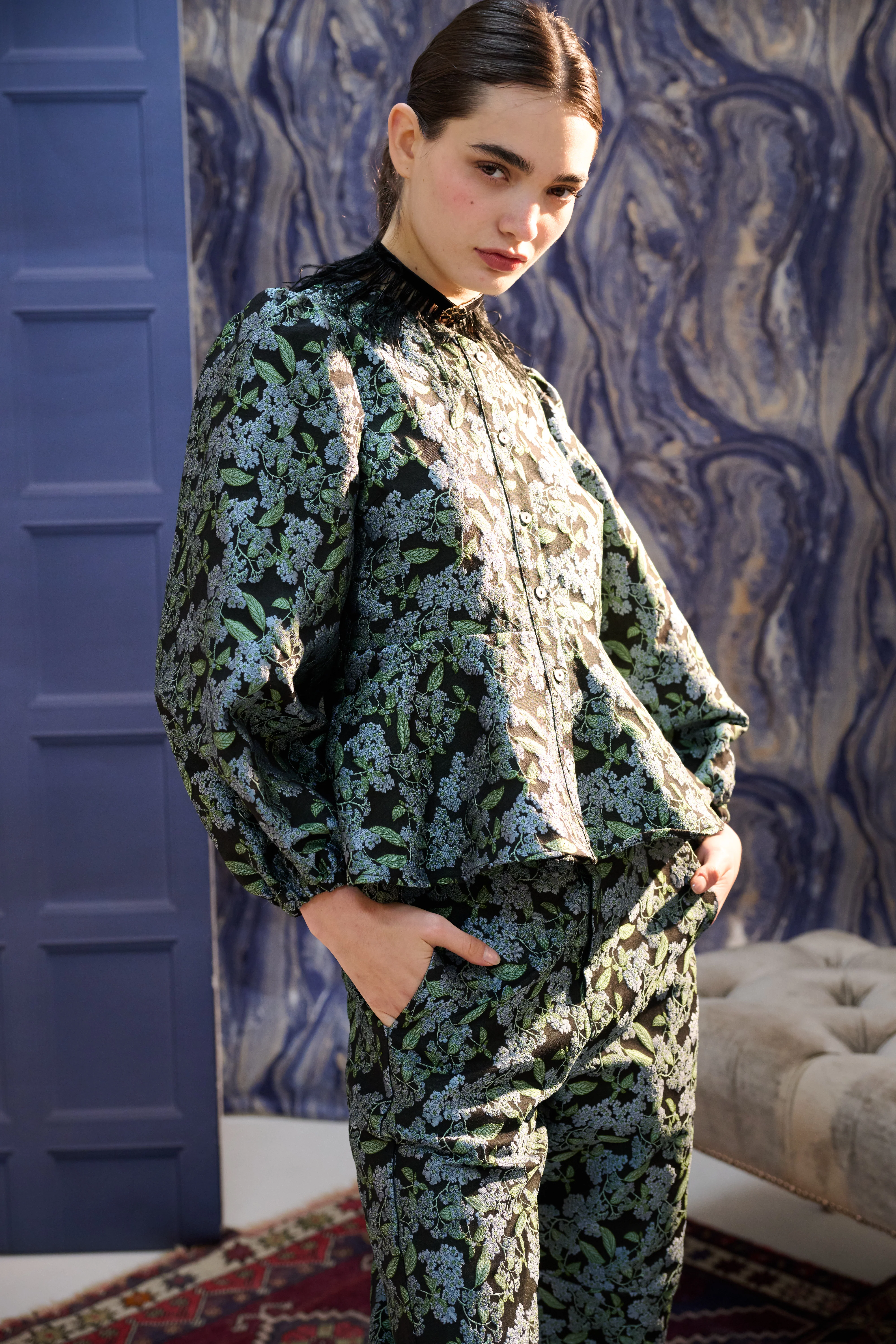 Clementine Blossom Jacquard Peplum Blouse - Image 5