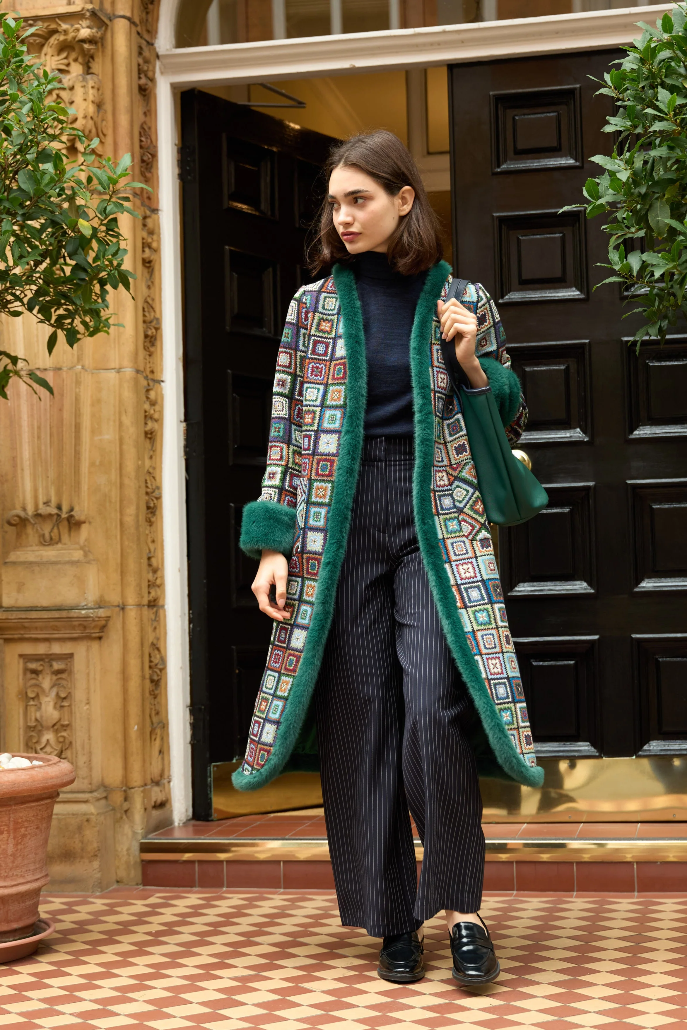 Delphia 70'S Patch Jacquard Fur Trim Coat
