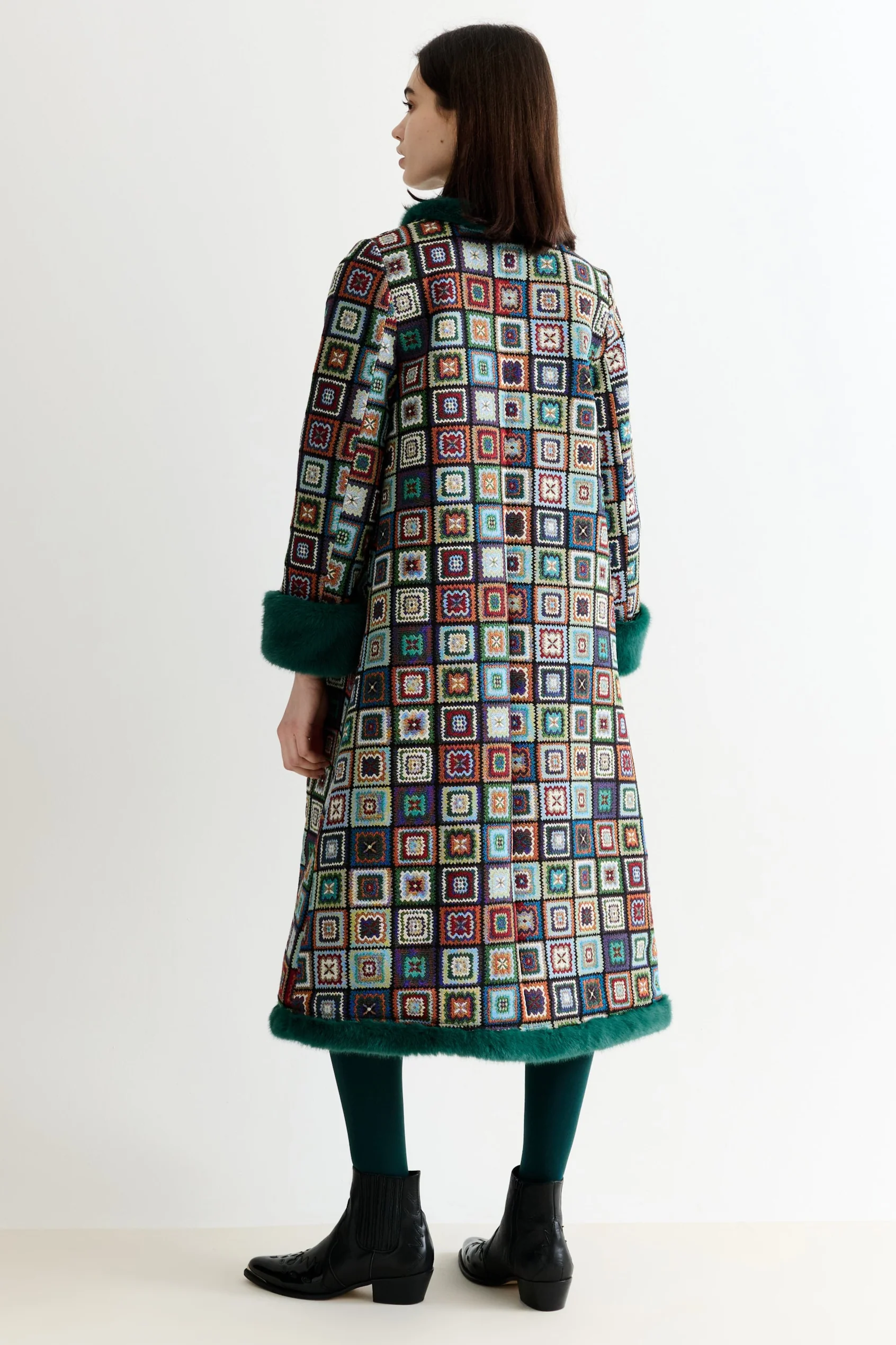 Delphia 70'S Patch Jacquard Fur Trim Coat - Image 3