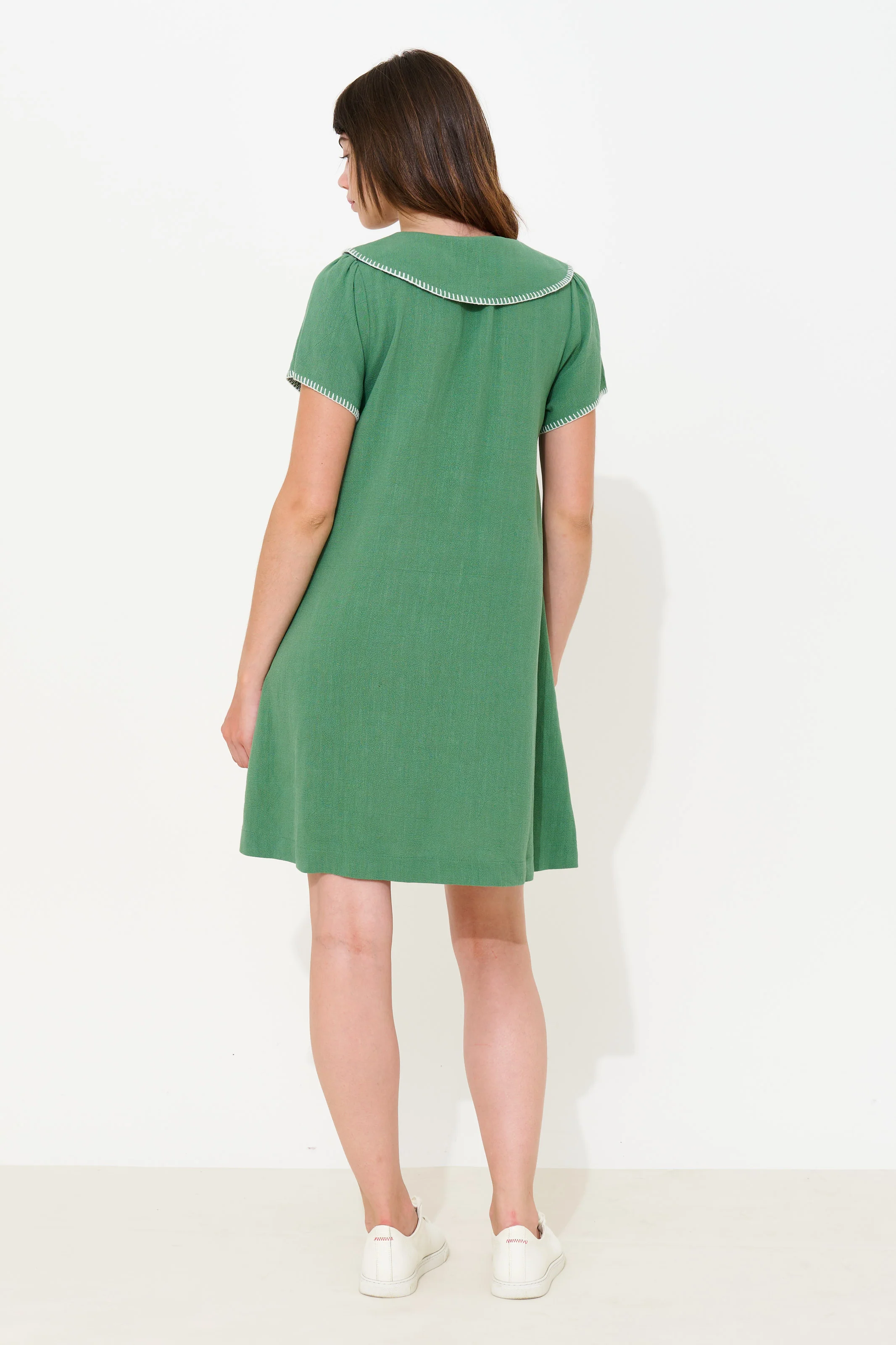 Dot Blanket Stitch A-Line Mini Dress - Green - Image 2