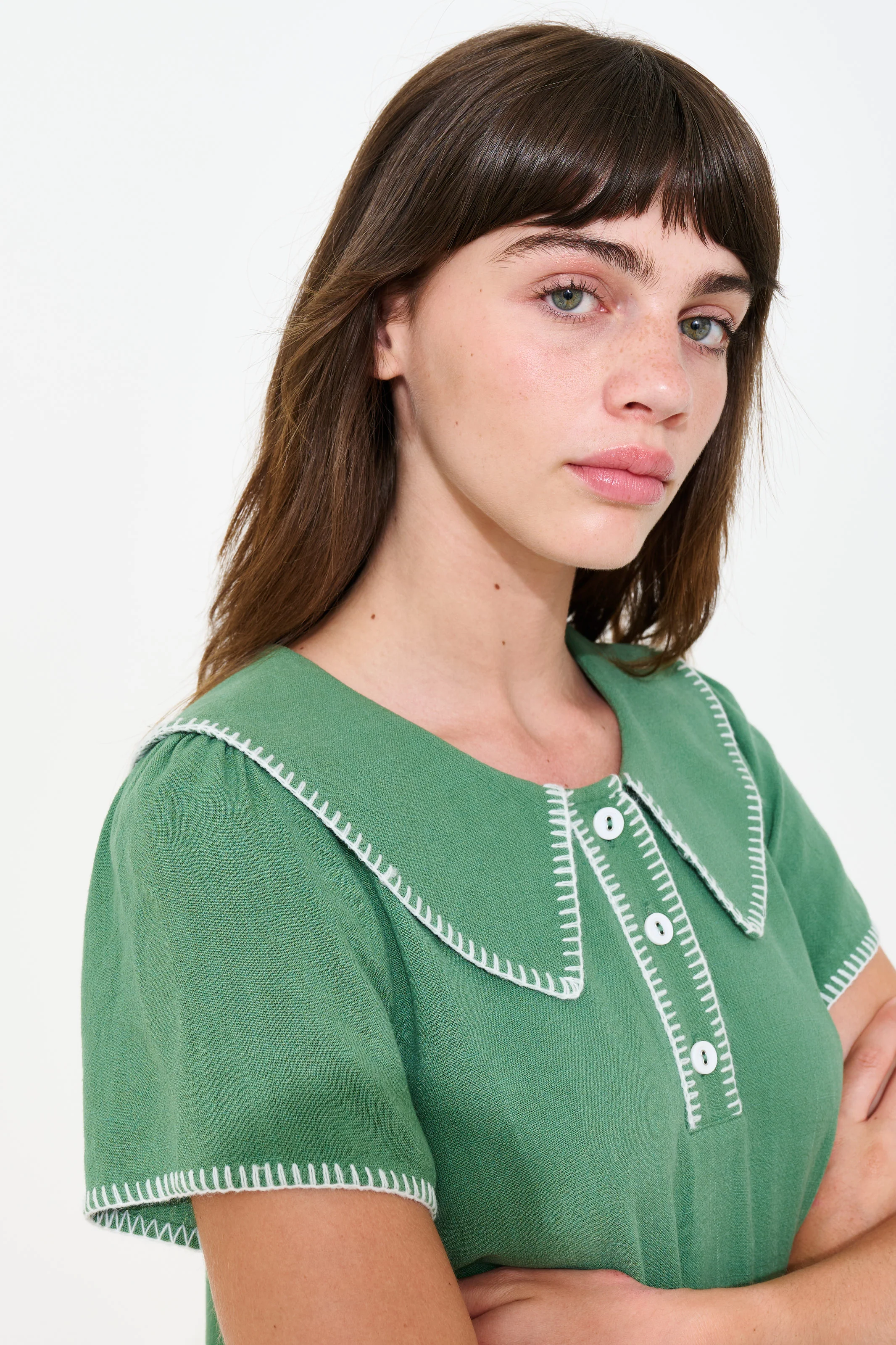 Dot Blanket Stitch A-Line Mini Dress - Green - Image 3