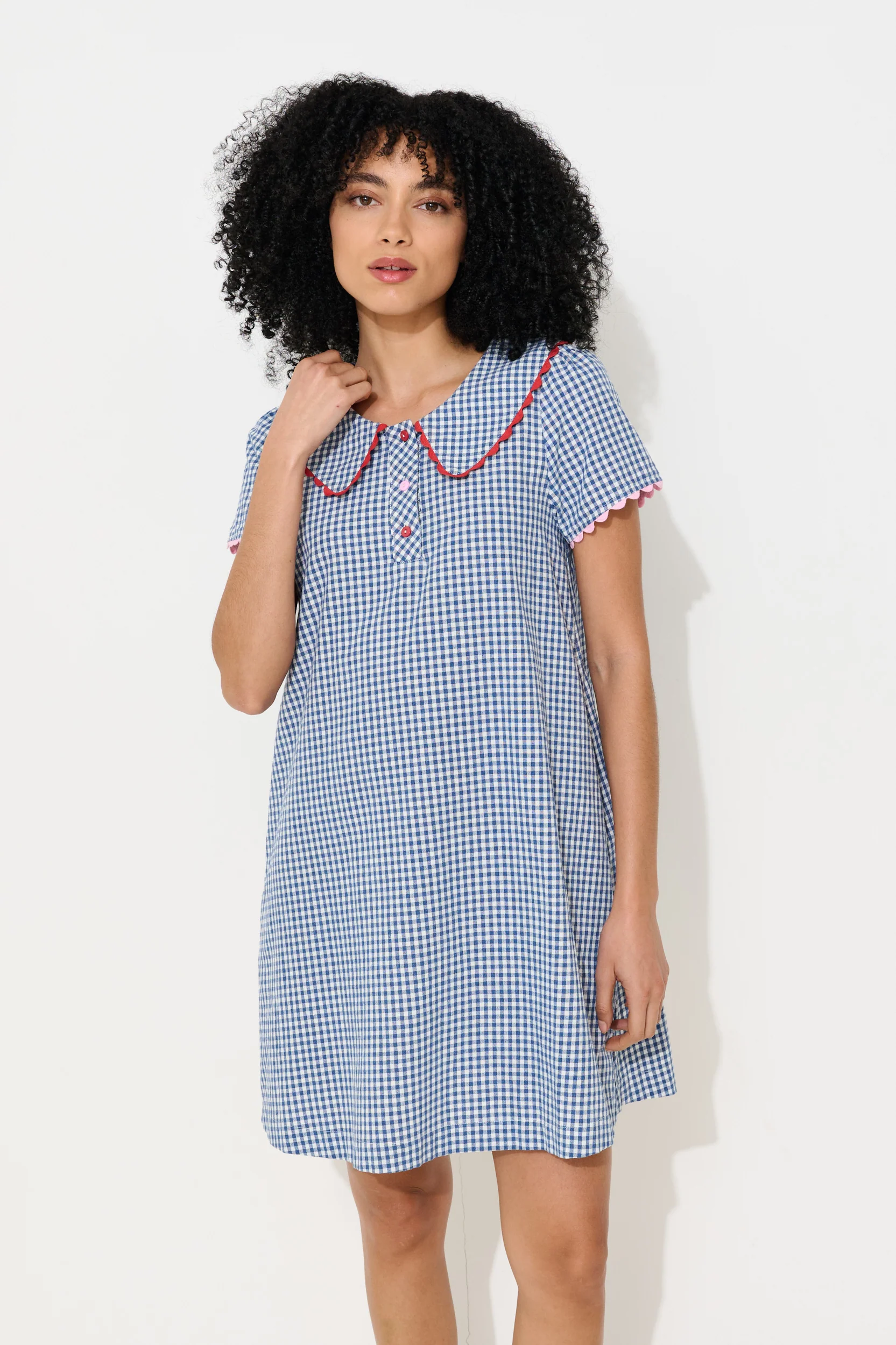 Dot Gingham Ric Rac Trim Statement Collar Mini Dress - Blue - Image 4