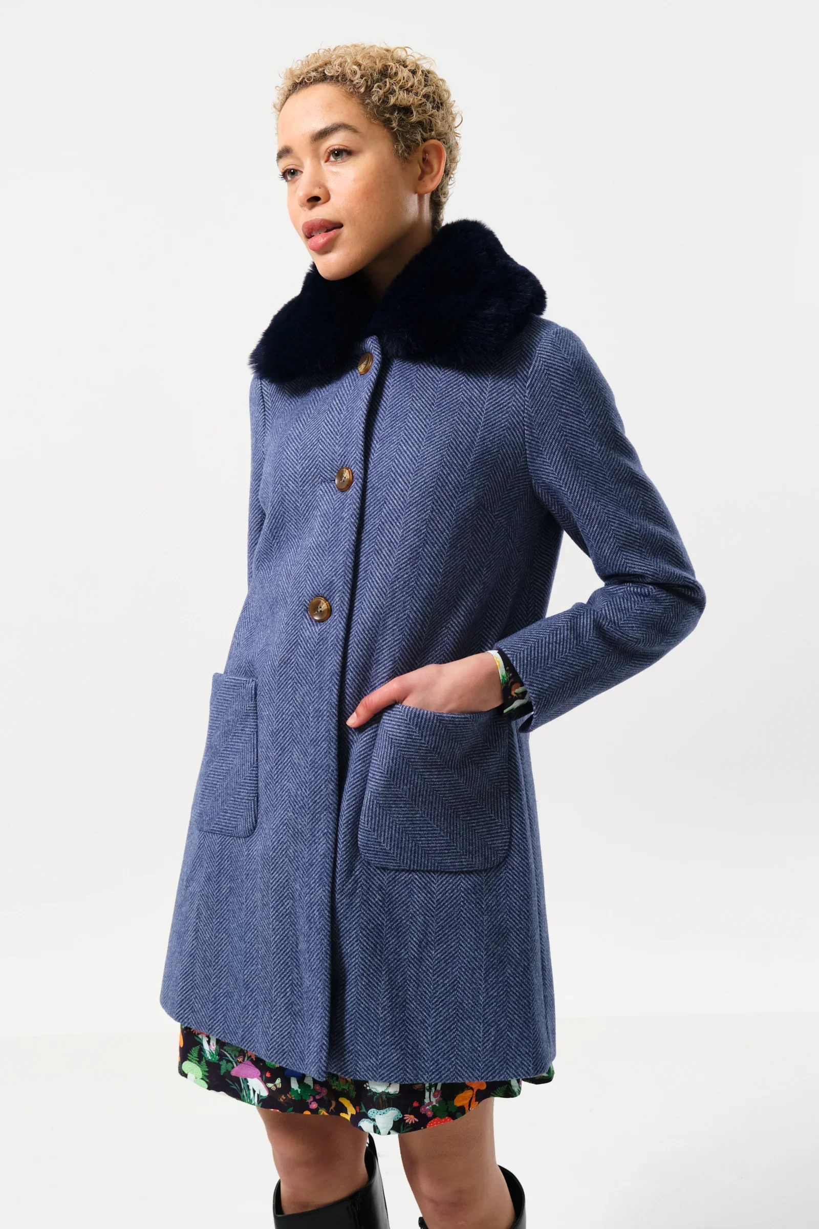 Dryden Herringbone Fur Collared Coat - Blue - Image 3