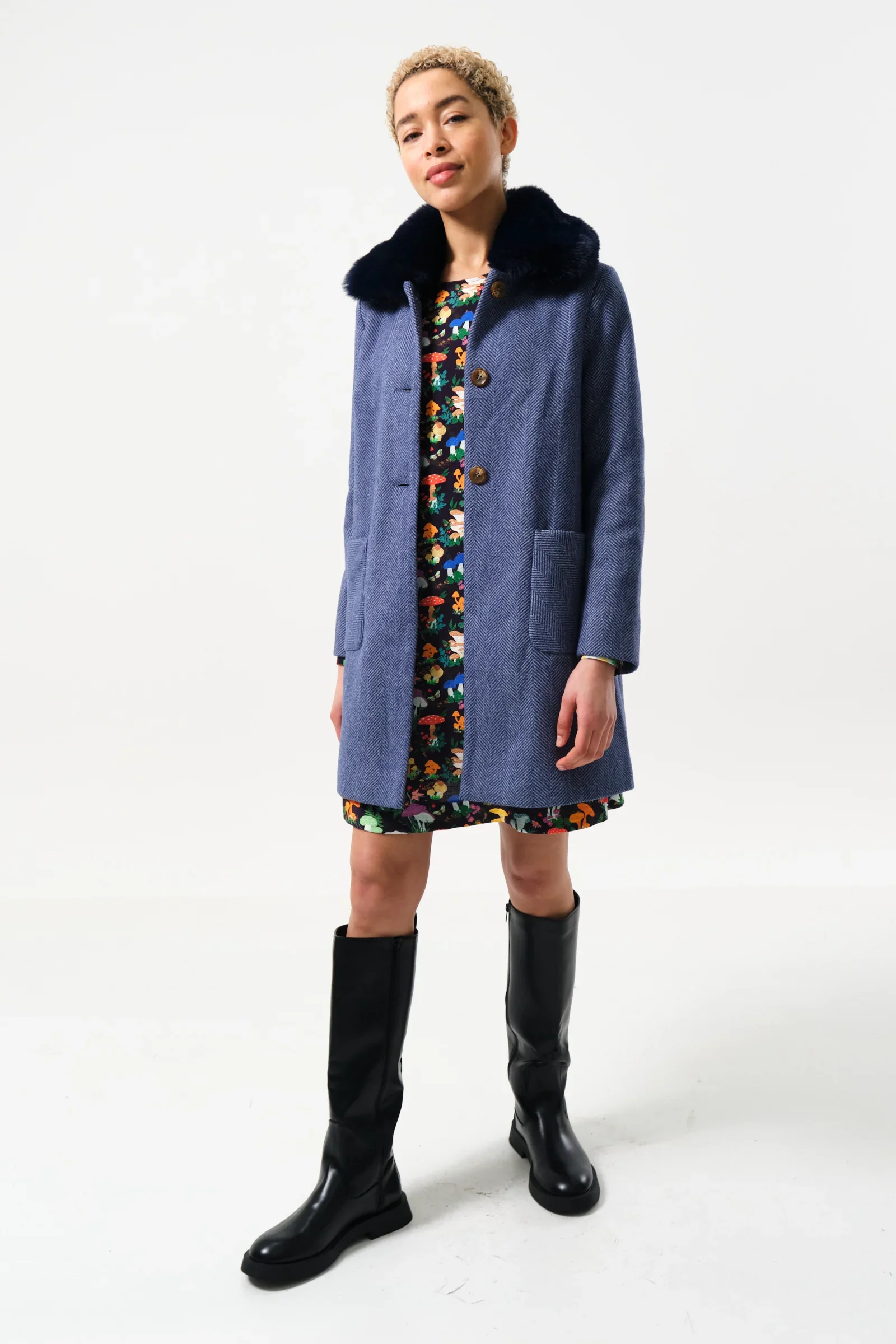 Dryden Herringbone Fur Collared Coat - Blue - Image 5