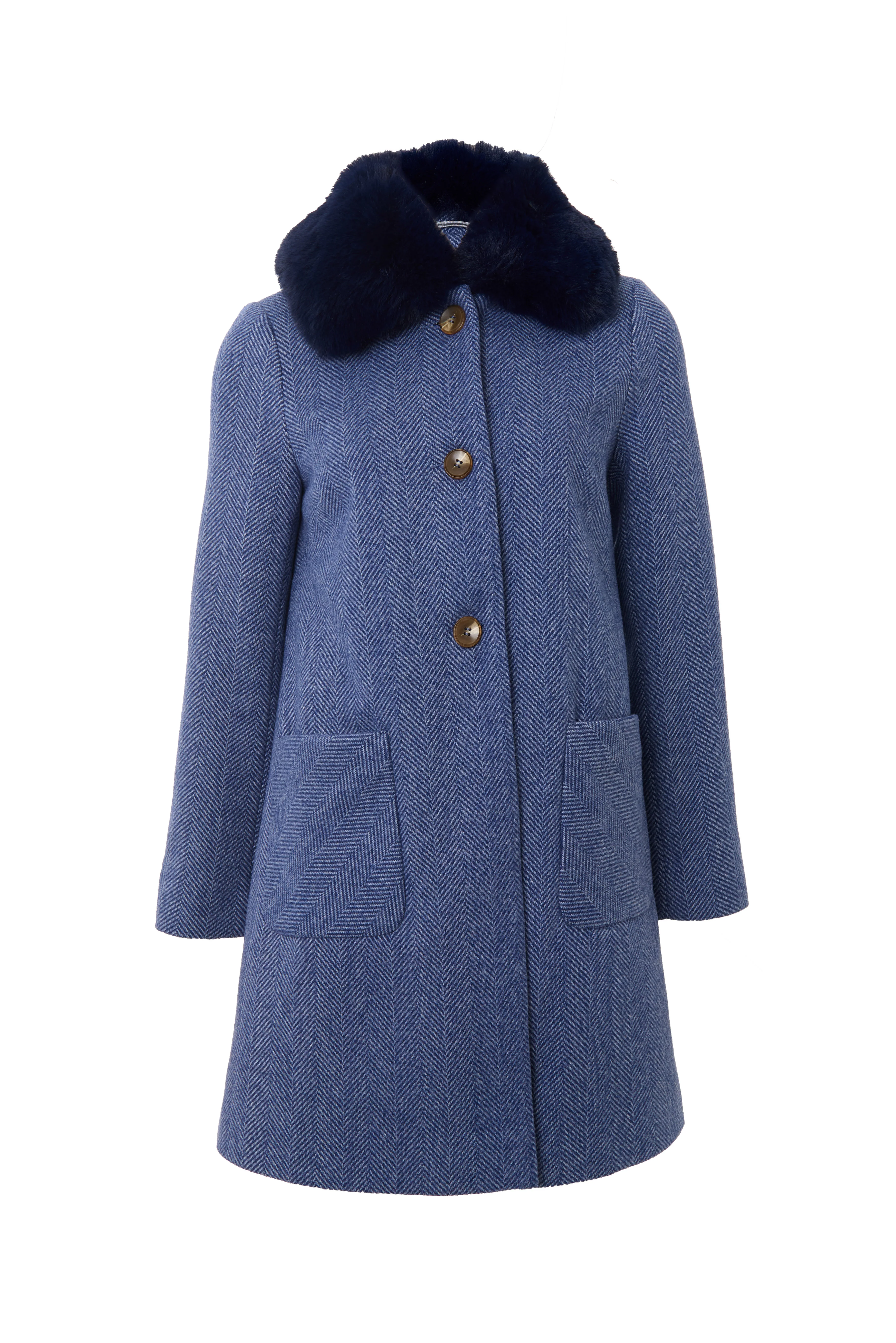 Dryden Herringbone Fur Collared Coat - Blue - Image 7