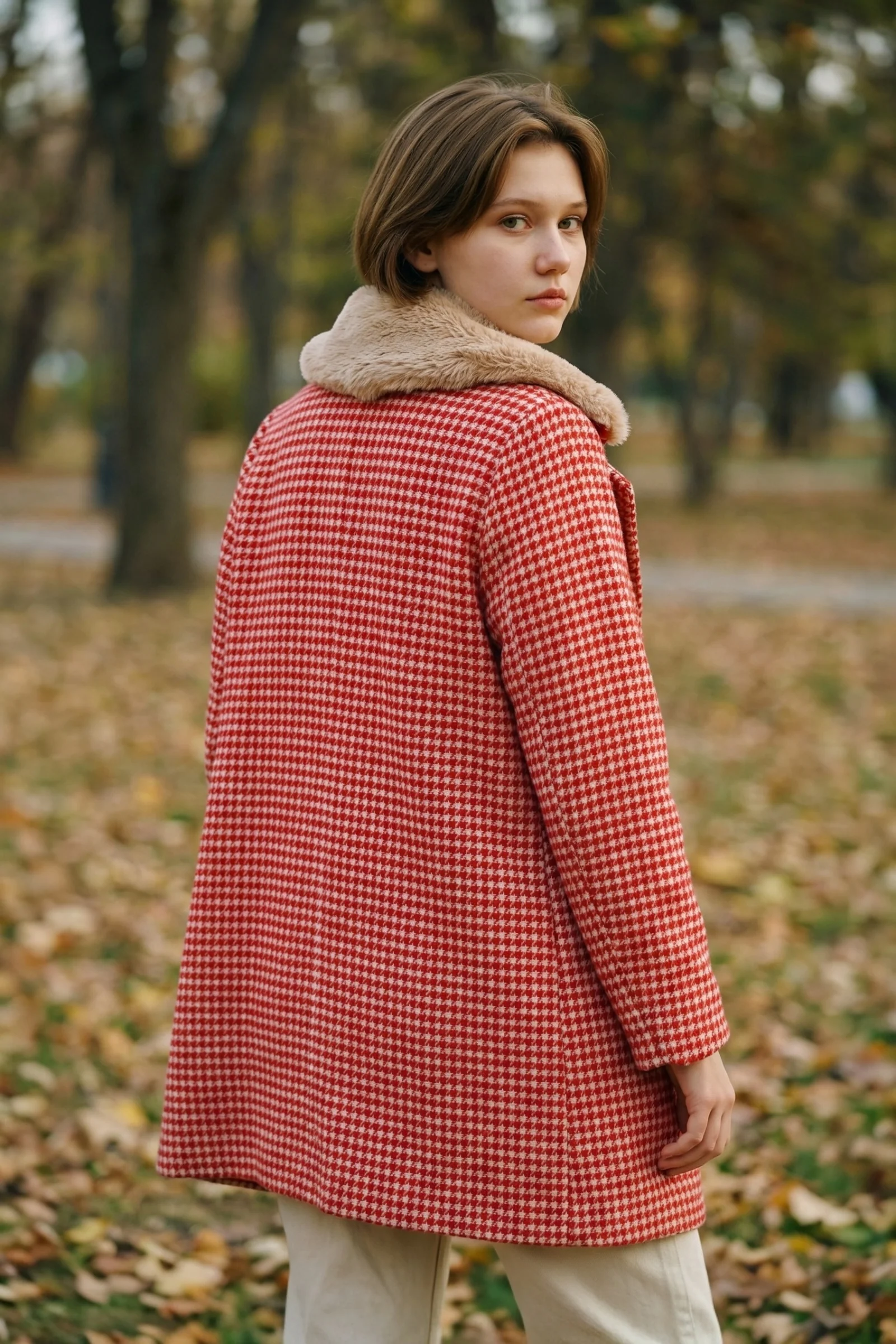 Dryden Red And White Herringbone Fur Collar Car Coat - Image 2