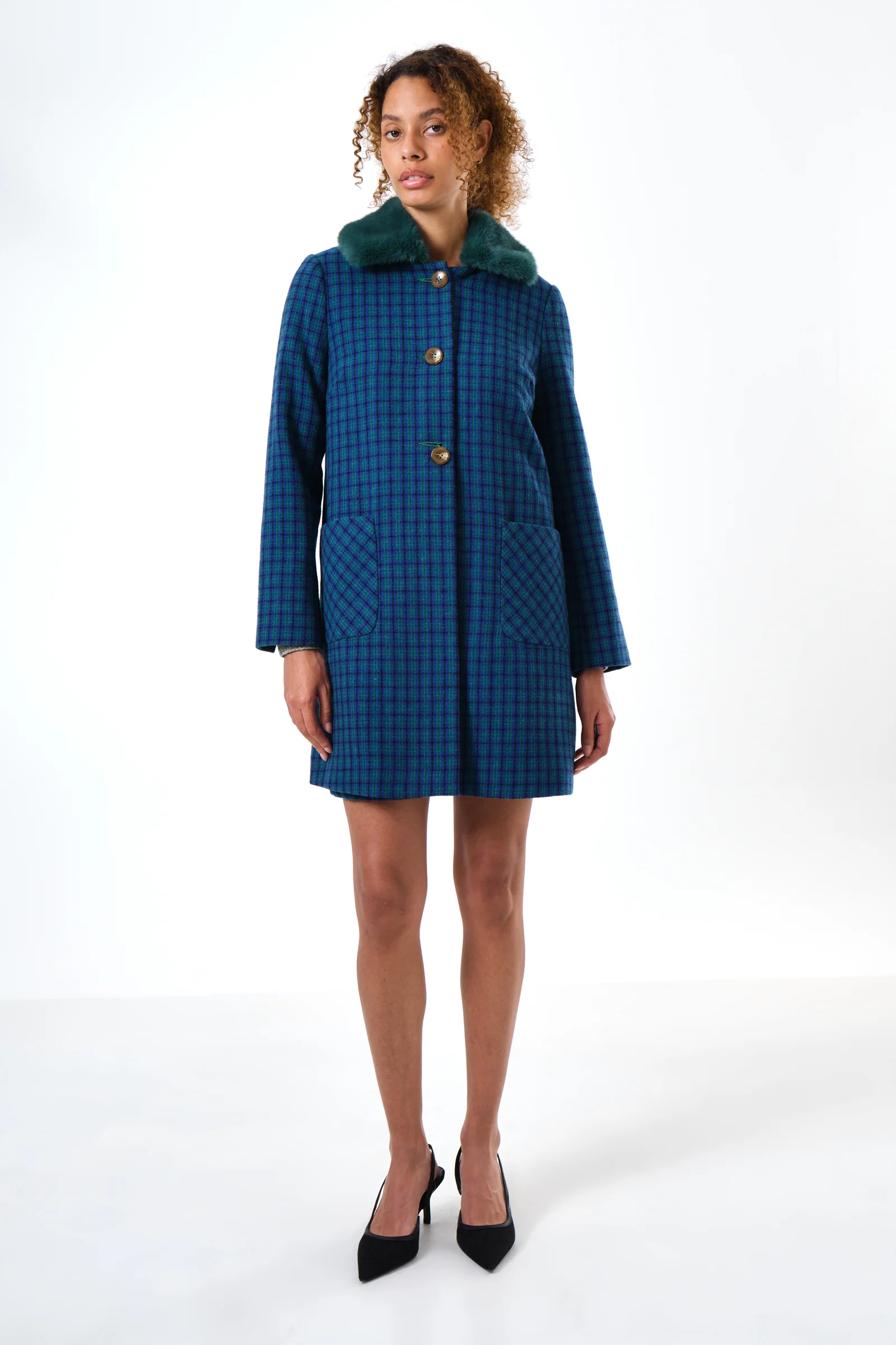 Dryden Wyoming Check Faux Fur Collar Coat - Blue - Image 6