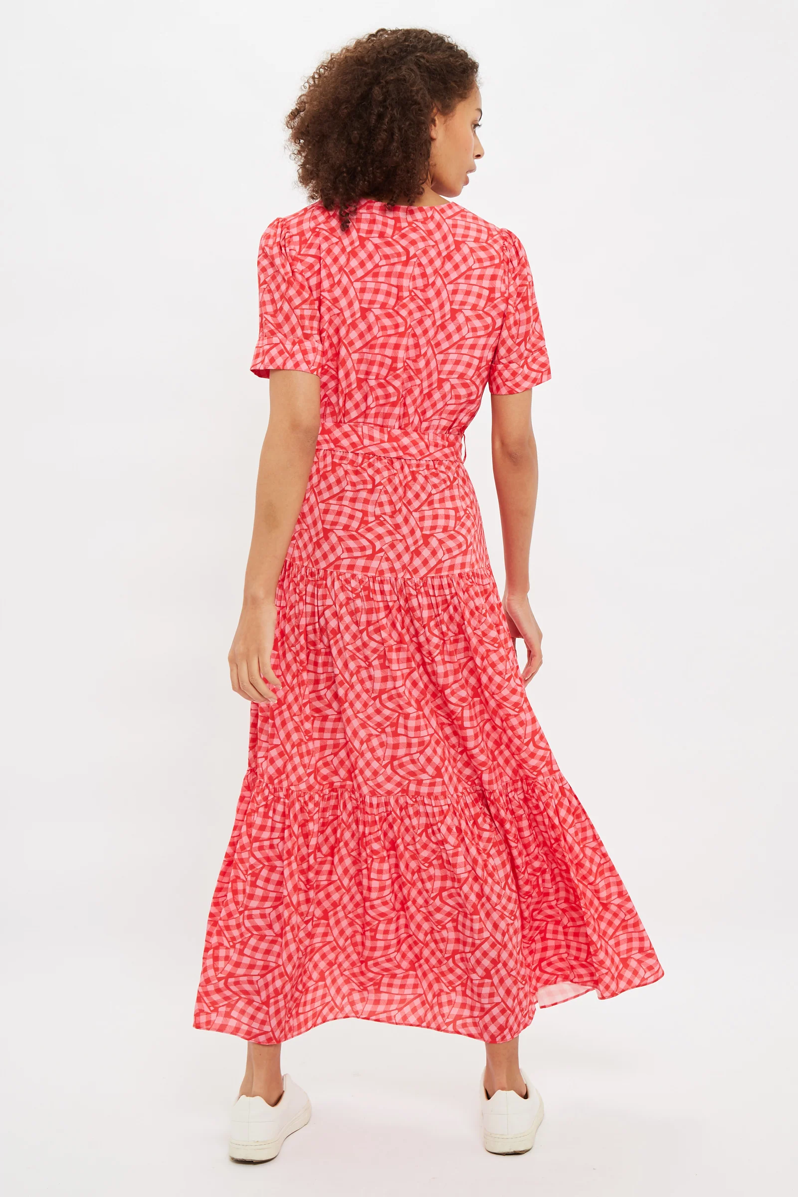 Louche Emin Gingham Twist Print Tiered Short Sleeve Midi Dress - Image 2