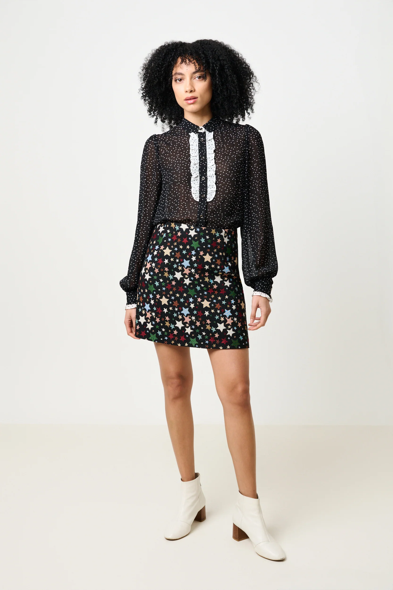 Gisla Raindrop Contrast Frill Long Sleeve Blouse - Black - Image 3