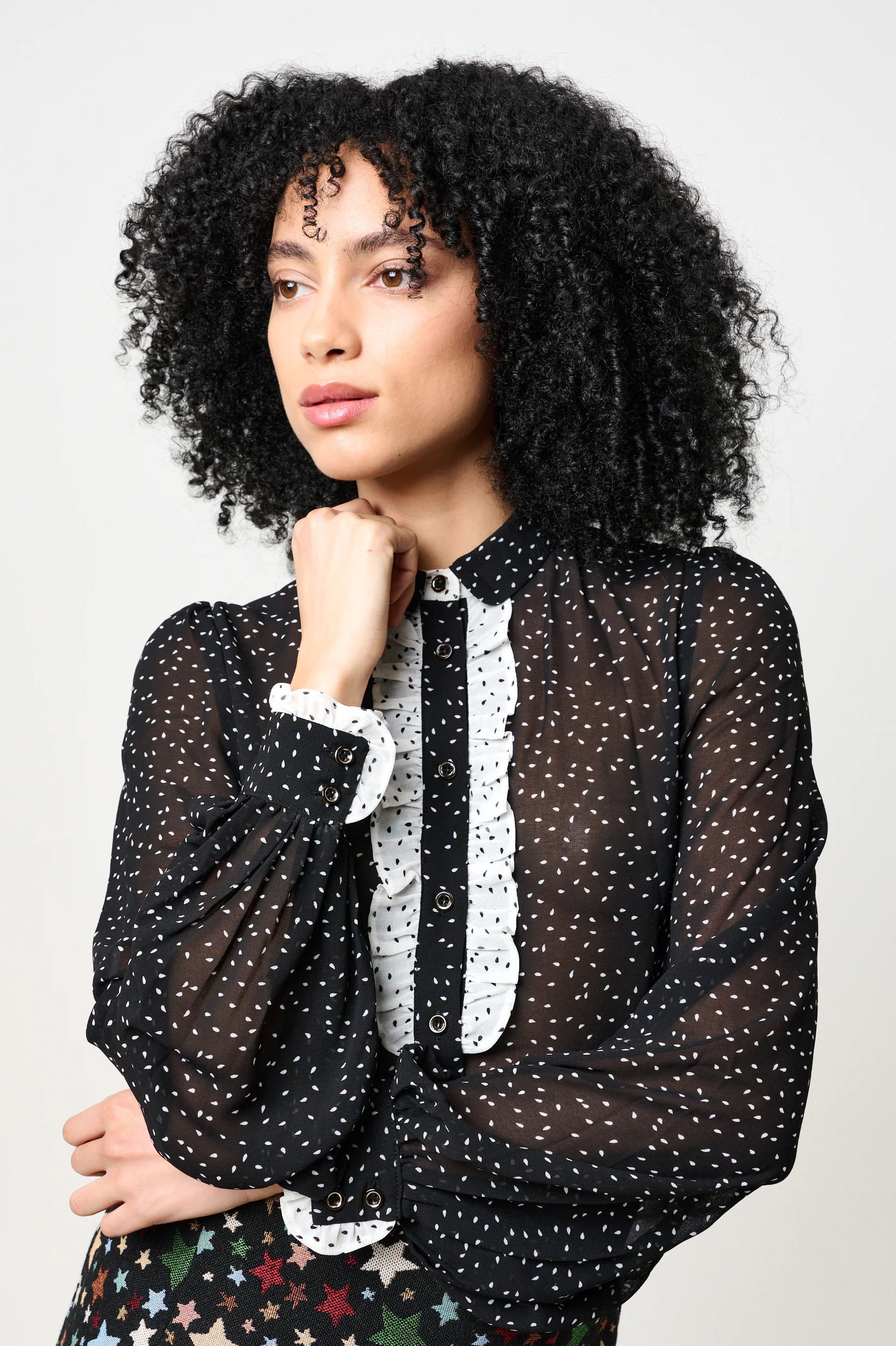 Gisla Raindrop Contrast Frill Long Sleeve Blouse - Black - Image 4