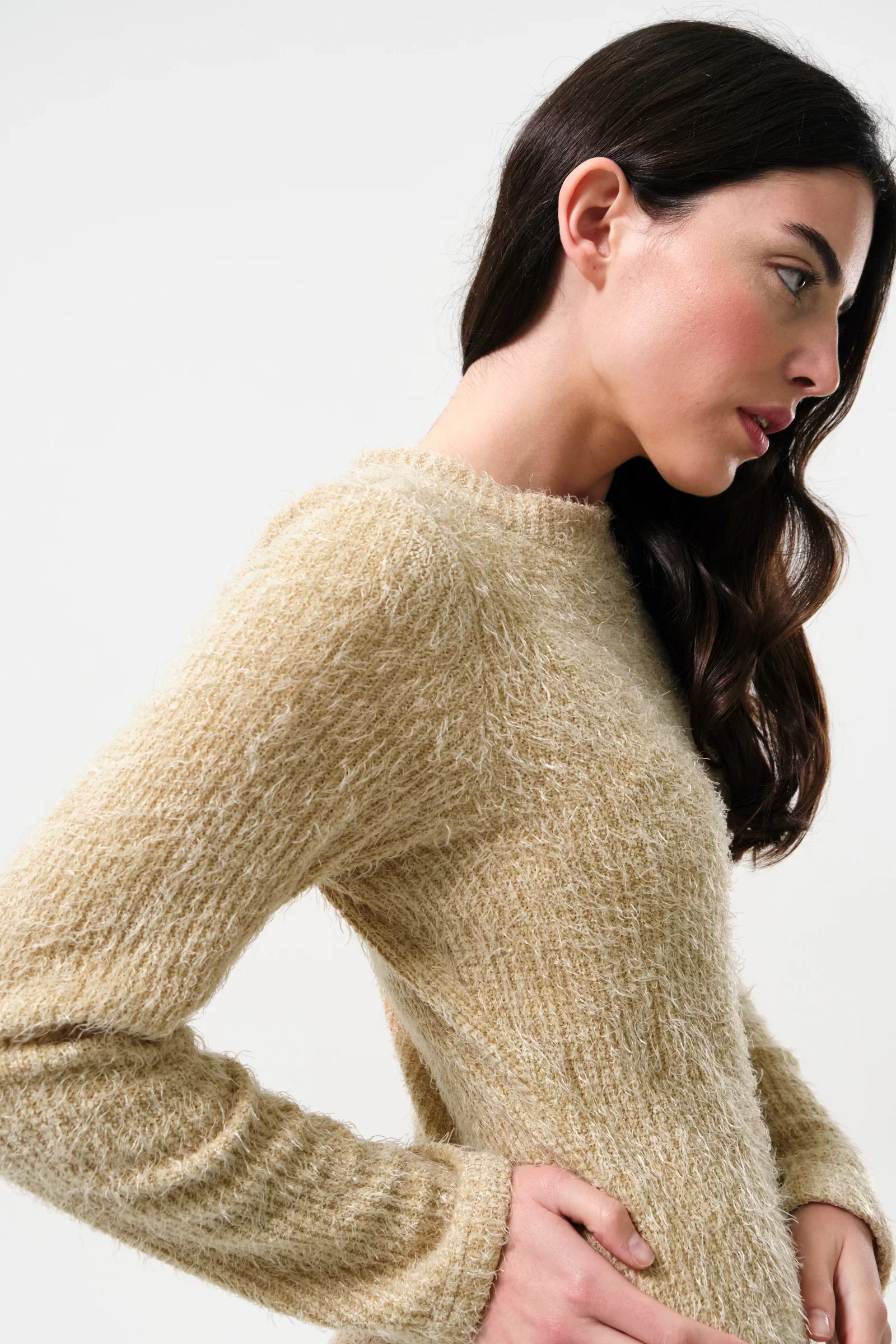 Guila Eyelash Rib Long Sleeve Midi Dress - Beige - Image 5
