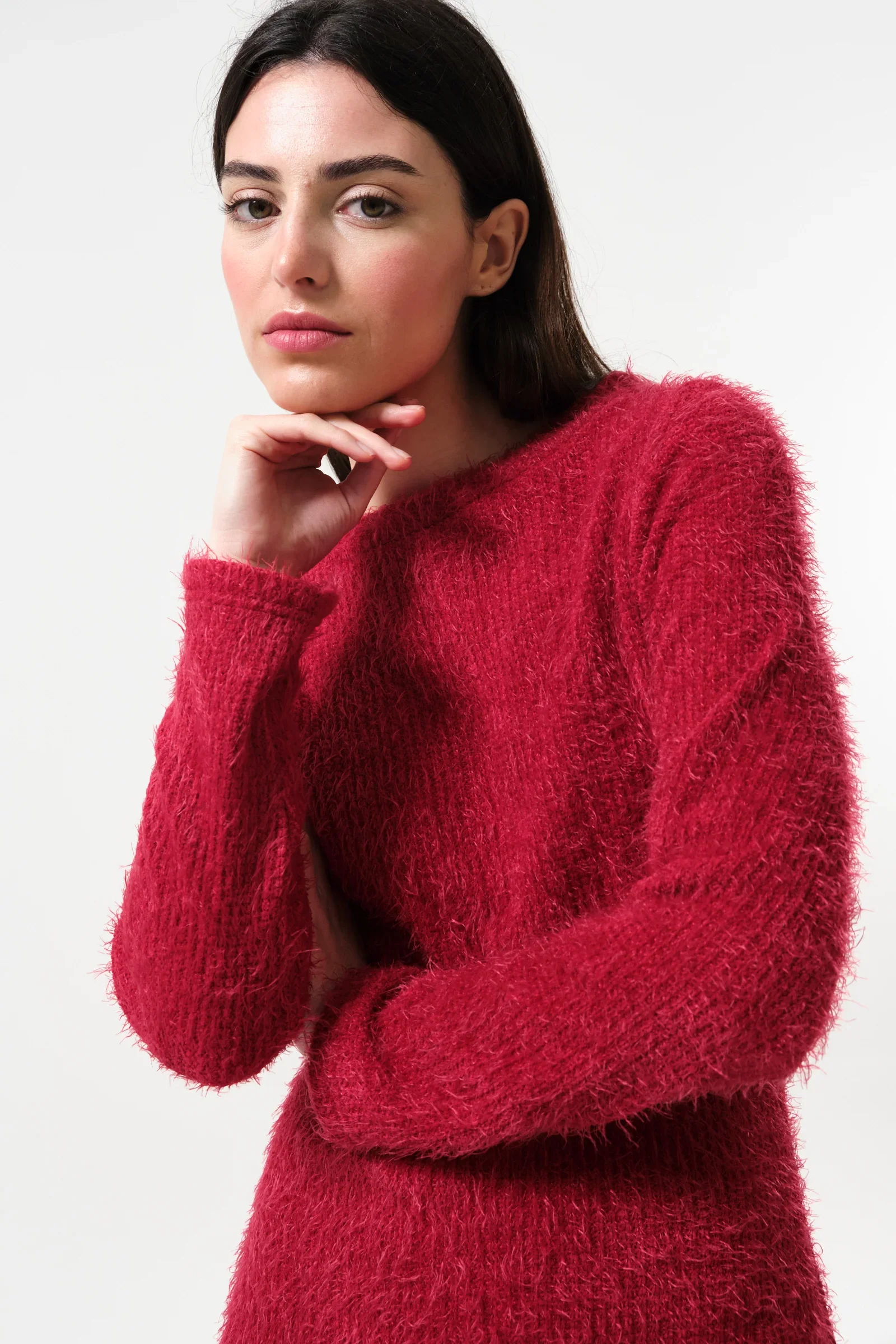 Guila Eyelash Rib Long Sleeve Midi Dress - Red - Image 3