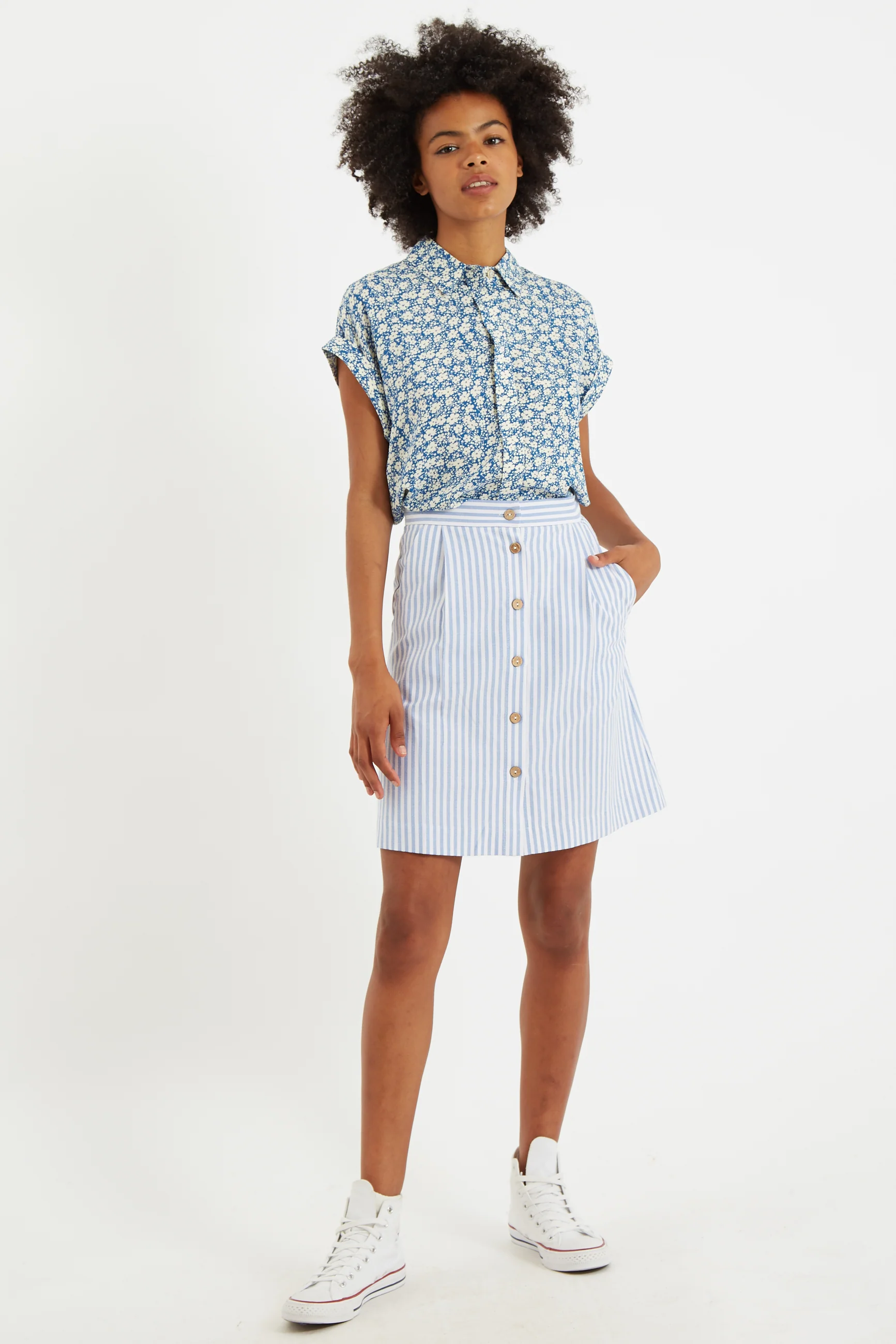 Hela Sail Stripe Button Through A-Line Mini Skirt Blue - Image 3