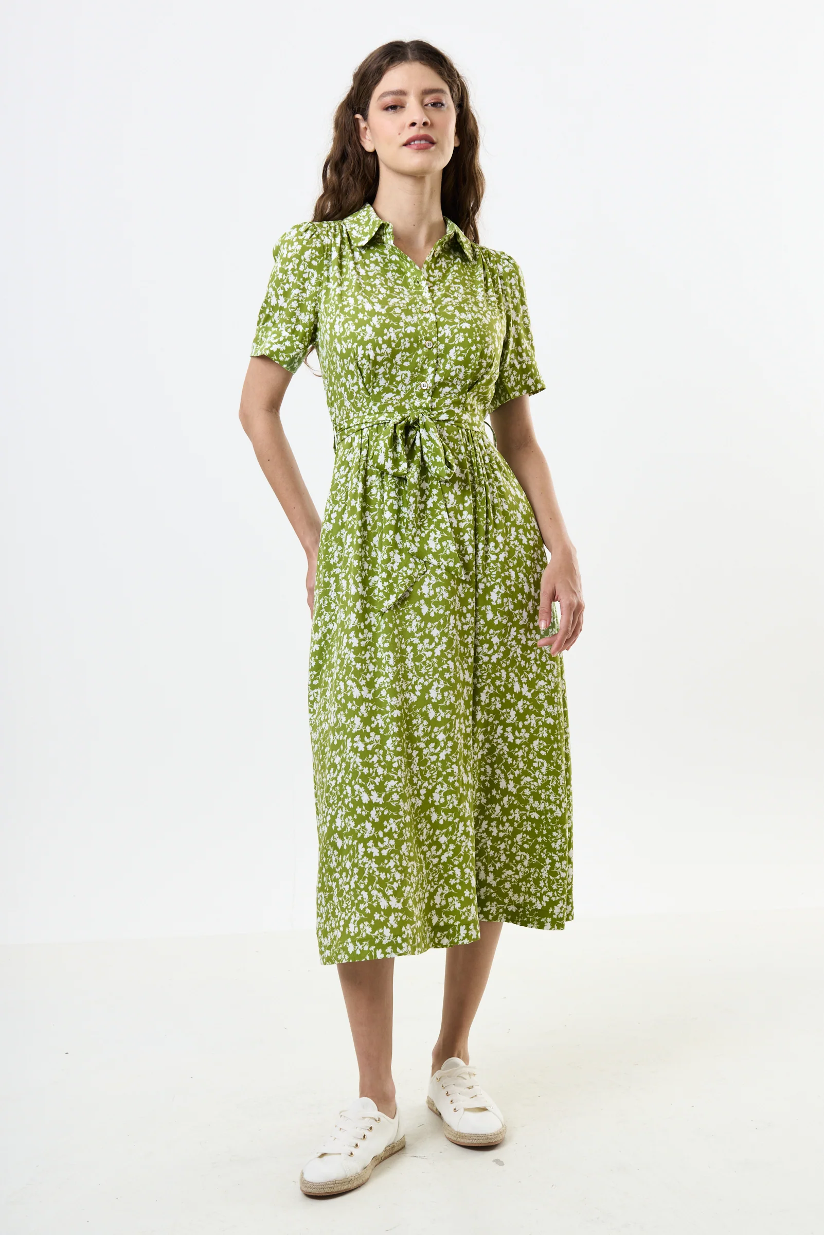 Inesa Negative Floral Print Short Sleeve Midi Shirtdress - Green - Image 5
