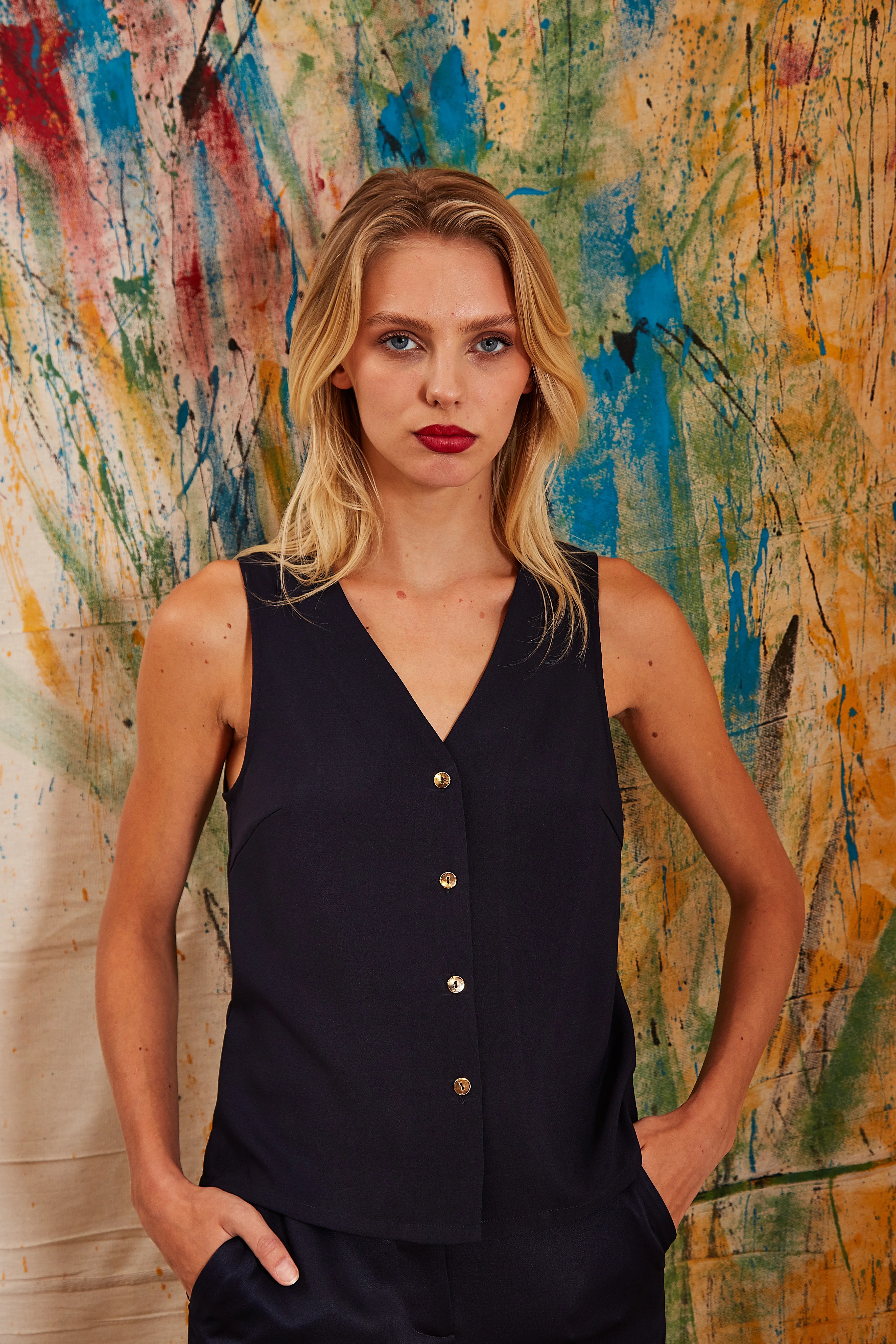 Jakson Sustainable Satin Back Crepe Waistcoat - Navy - Image 7