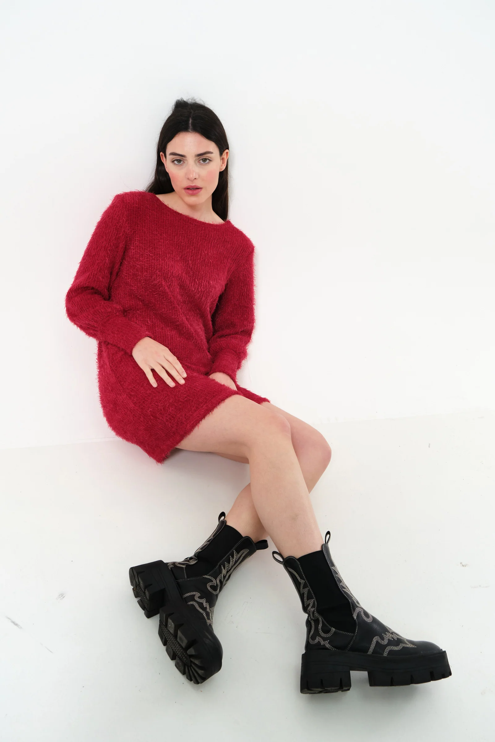 Jenyfer Eyelash Rib Long Sleeve Mini Dress - Red - Image 4