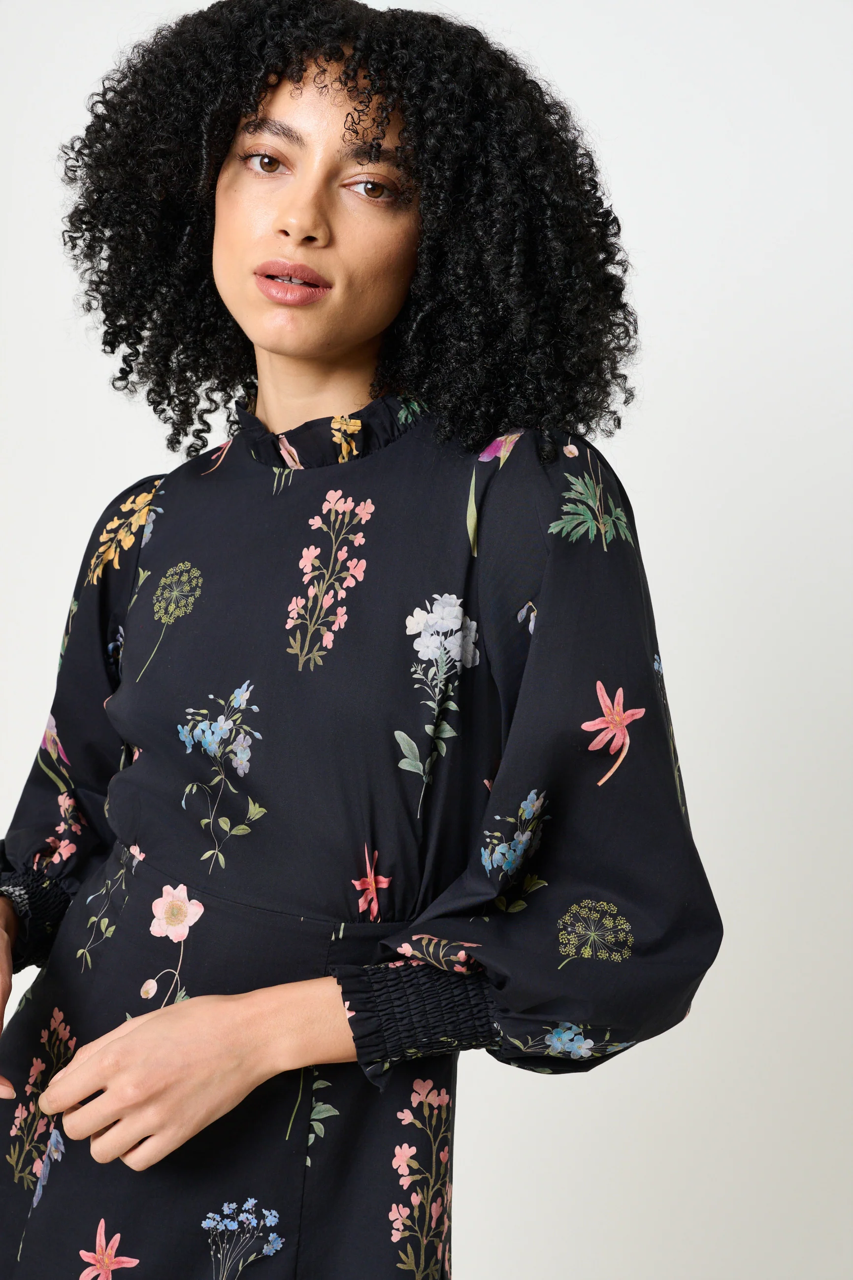 Jessie Flower Press Print Frill Neck Midi Dress - Image 4