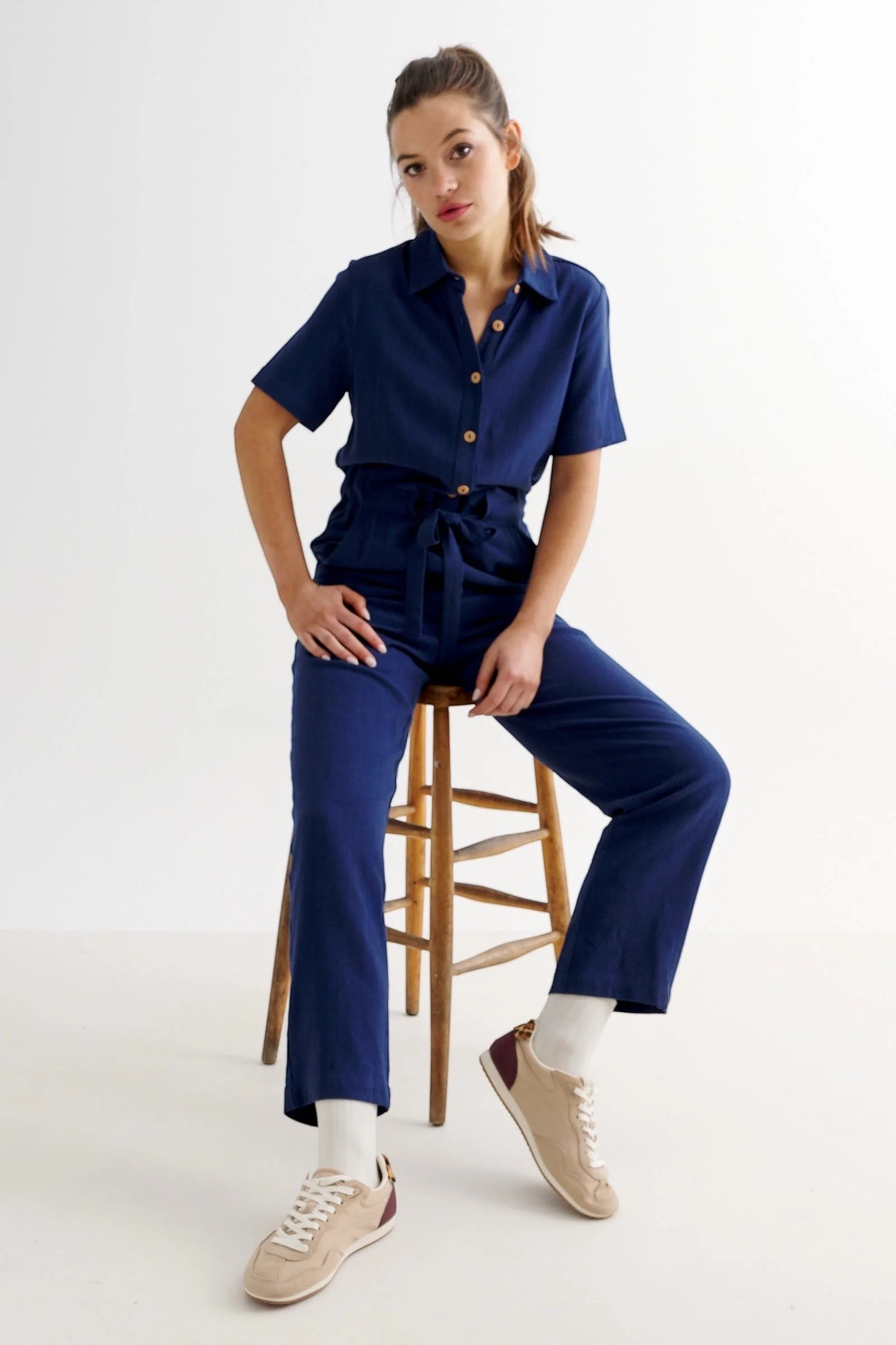 Justin Linen Mix Short Sleeve Jumpsuit - Navy - Image 7