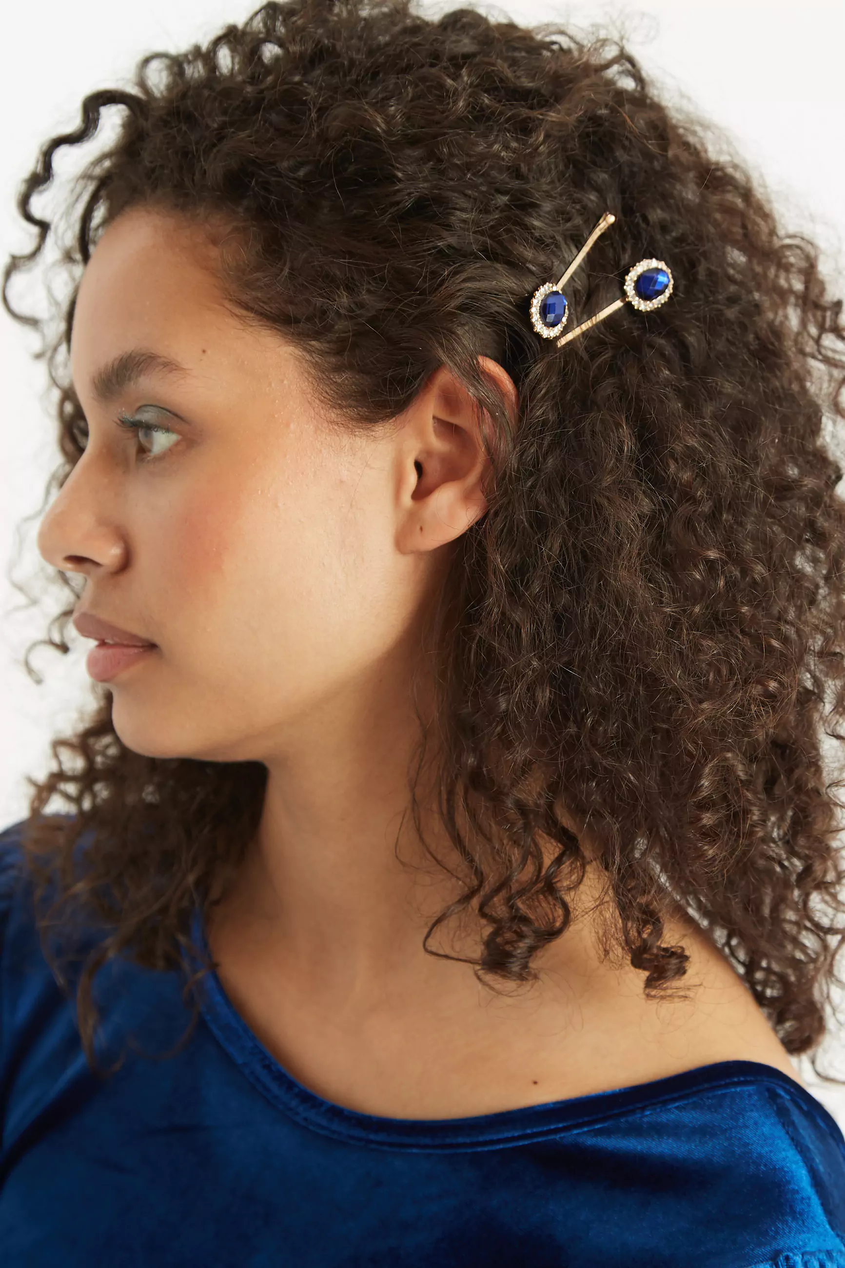 Kat Set of 3 Gold and Blue Stone Hair Clips - Image 2