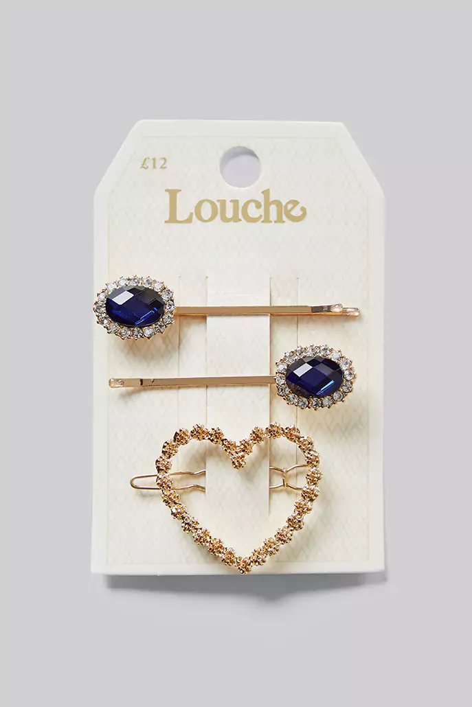 Kat Set of 3 Gold and Blue Stone Hair Clips - Image 3