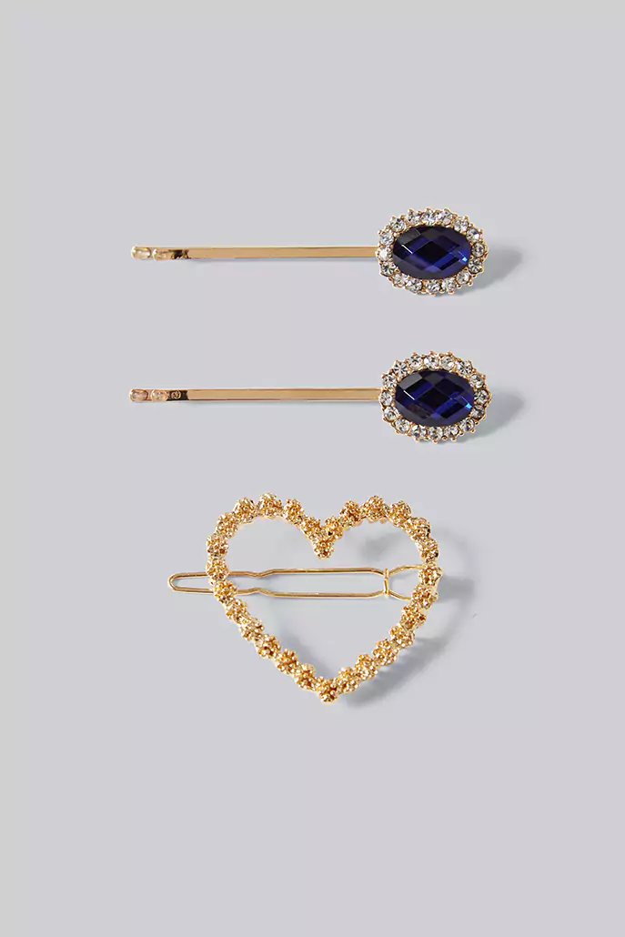 Kat Set of 3 Gold and Blue Stone Hair Clips - Image 4