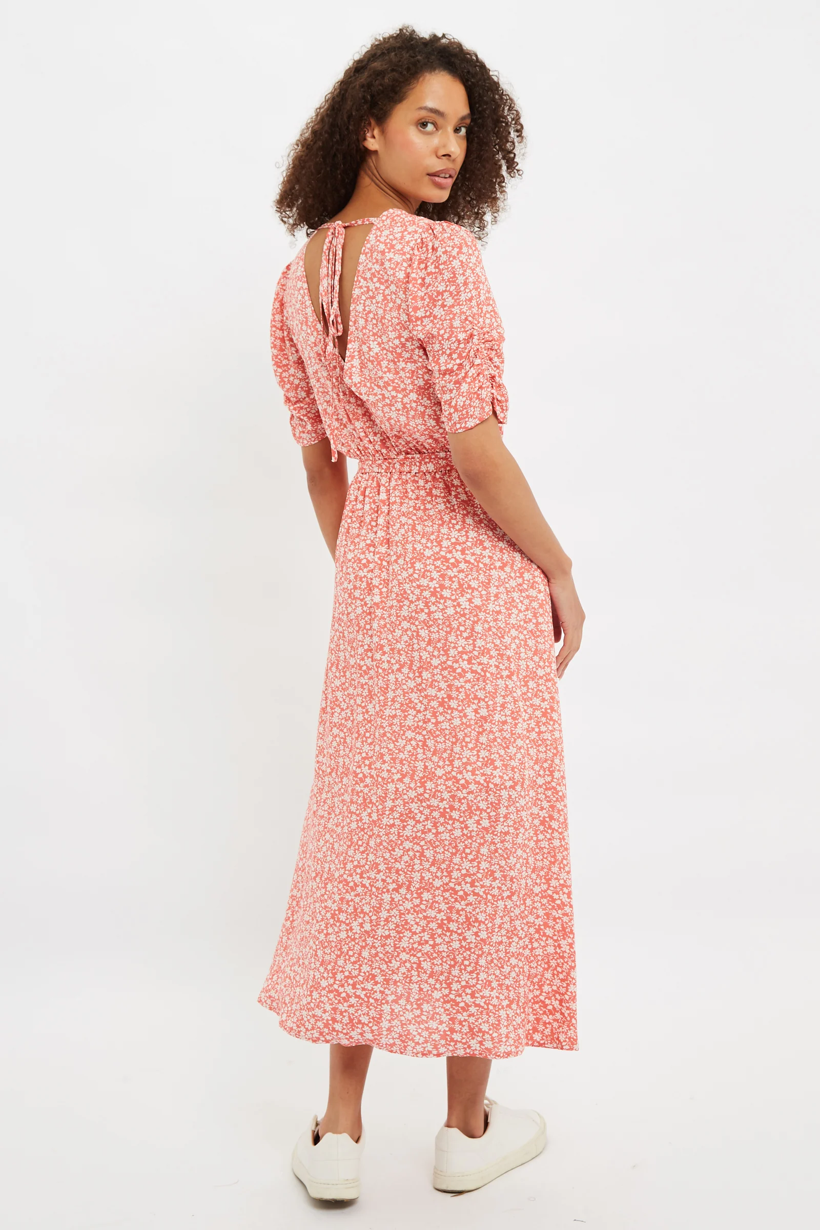 Louche Kiza Micro Blossom Print Short Sleeve Midi Dress In Pink - Image 2
