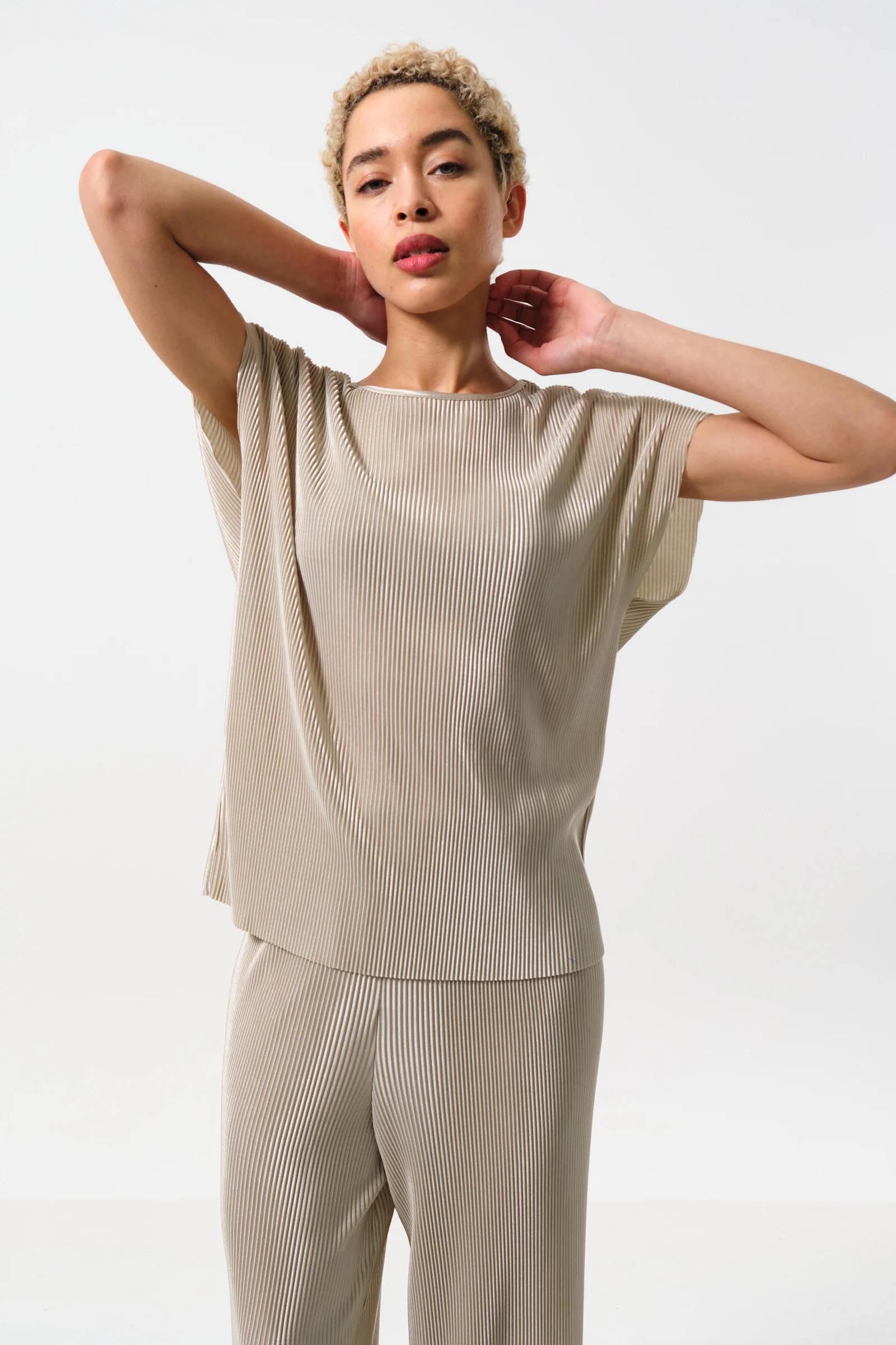 Korine Pleated Short Sleeve Top - Stone - Image 3