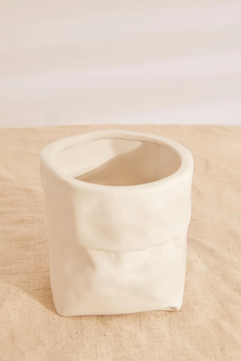 Large White Ceramic Paper Bag Planter - Image 2
