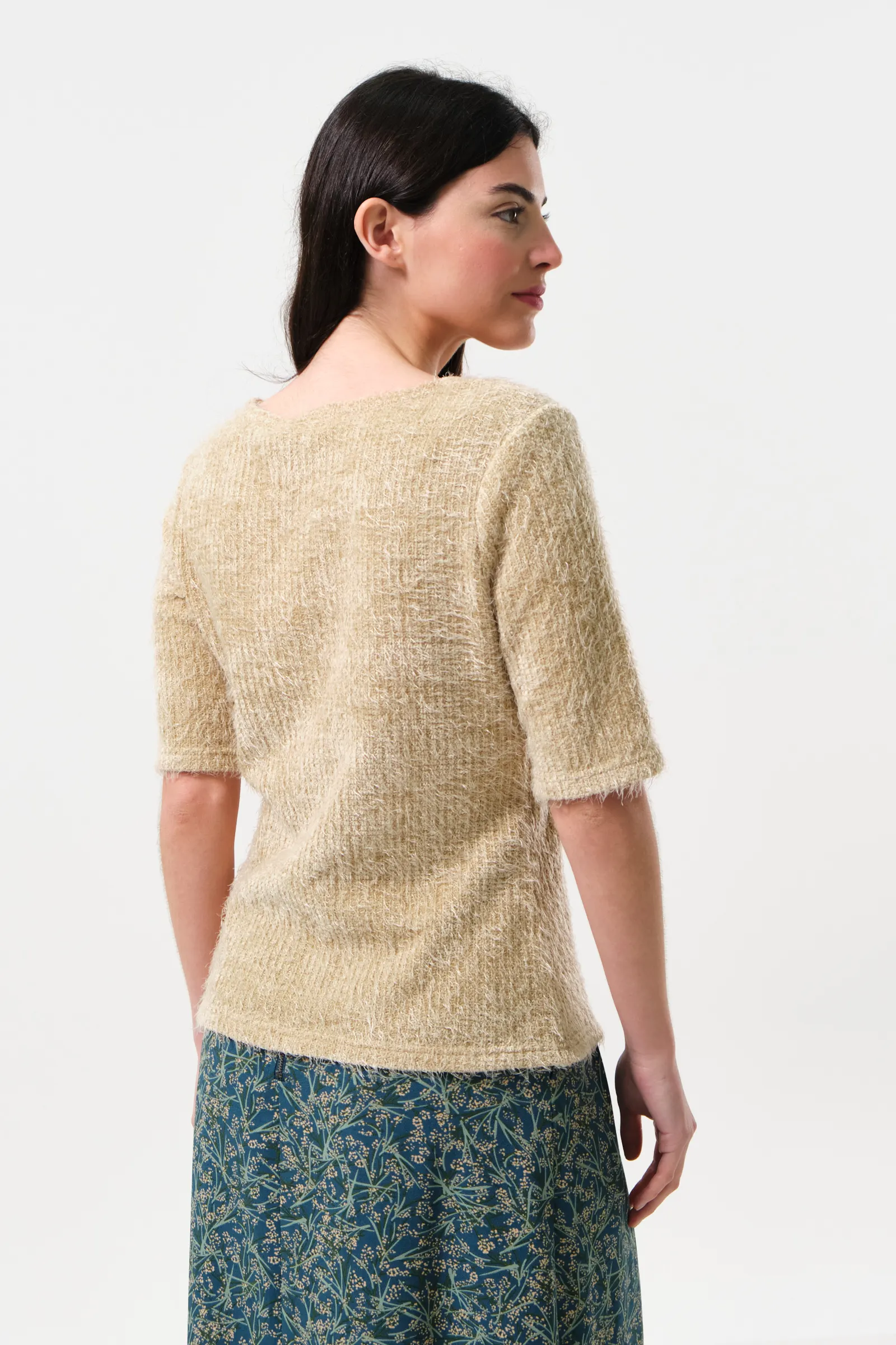 Laureen Eyelash Rib Short Sleeve Jumper - Beige - Image 2