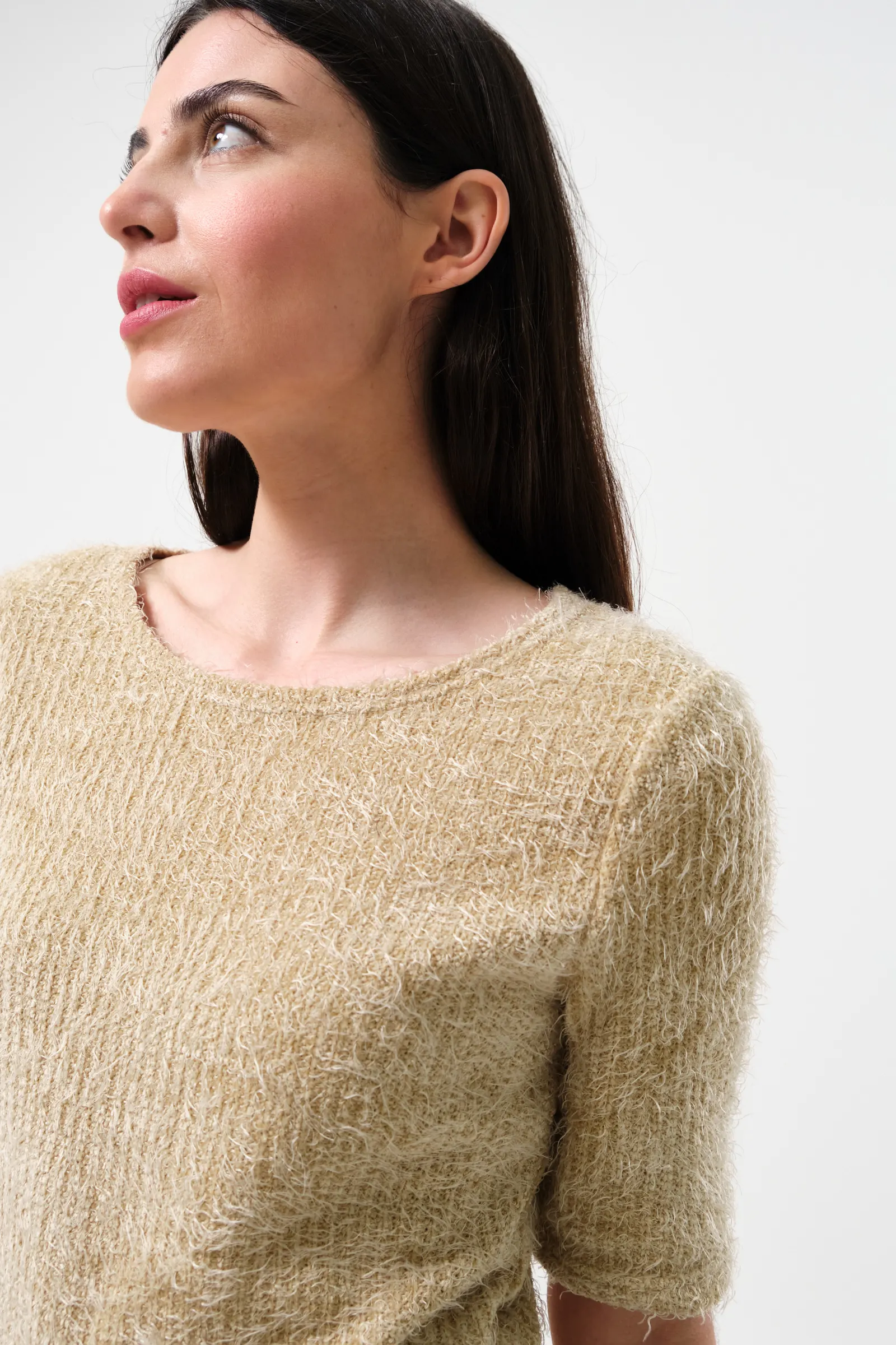 Laureen Eyelash Rib Short Sleeve Jumper - Beige - Image 3
