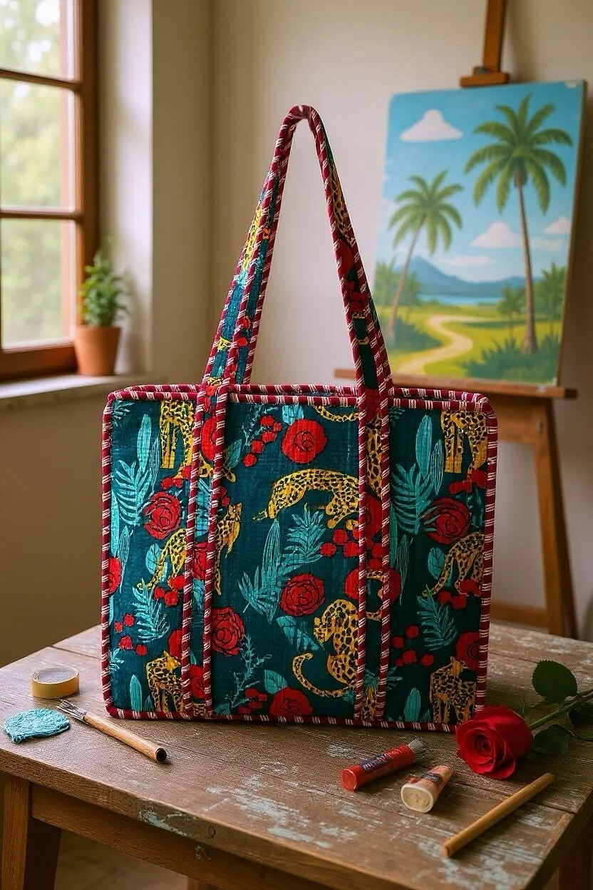 Leopard & Roses Quilted Large Tote Bag - Image 2