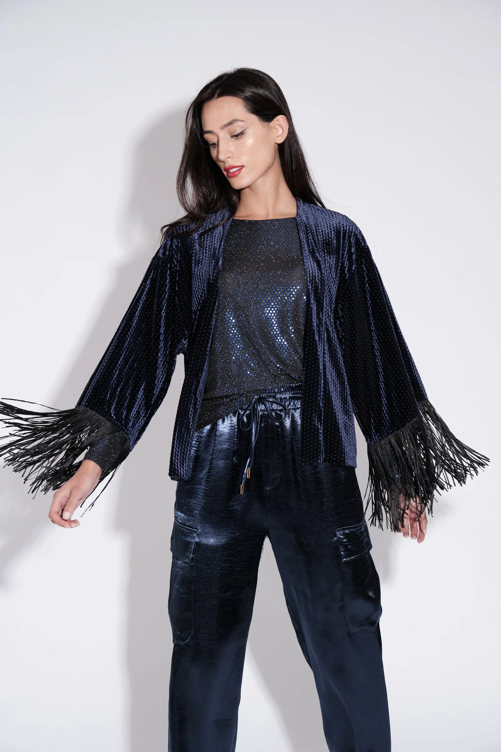 Lilo Fringe Trim Velvet Kimono - Image 3