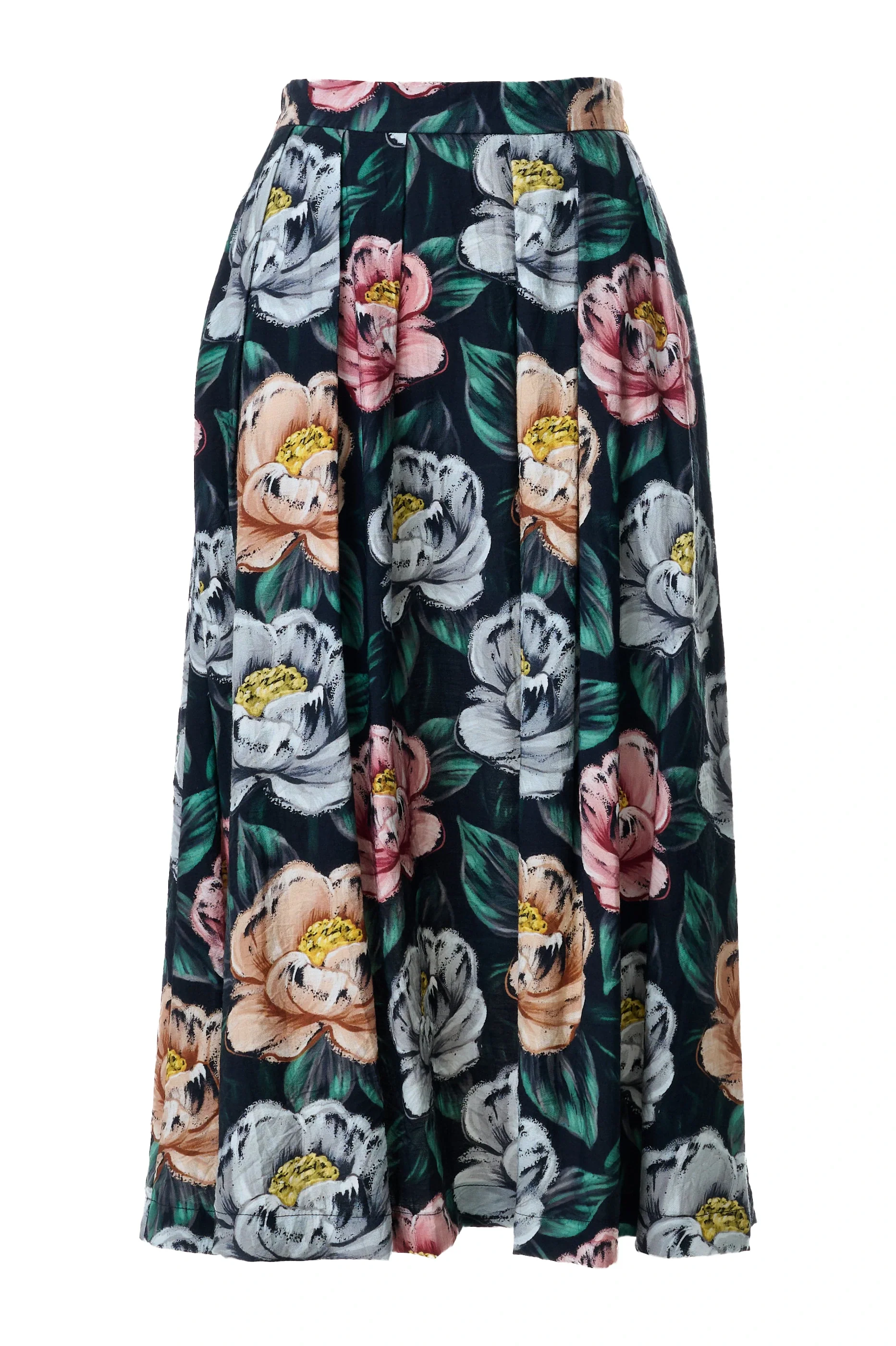 Lizea Peonies Print Pleated Midi Skirt - Black - Image 6