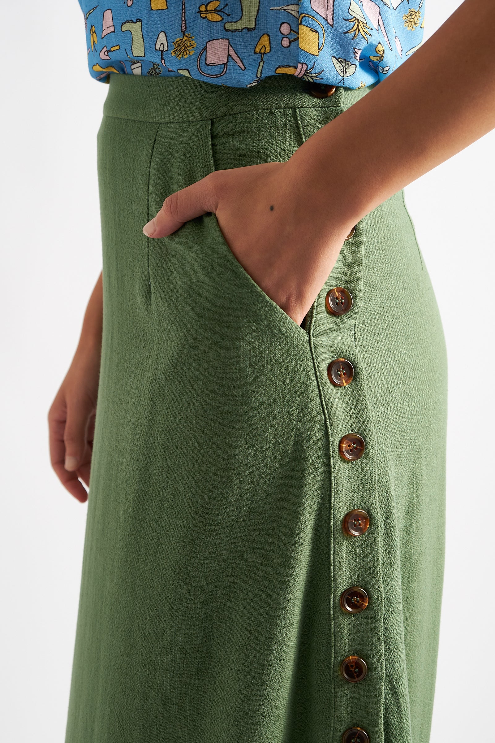 Lloyd Linen Mix Side Button Midi Skirt - Green - Image 4